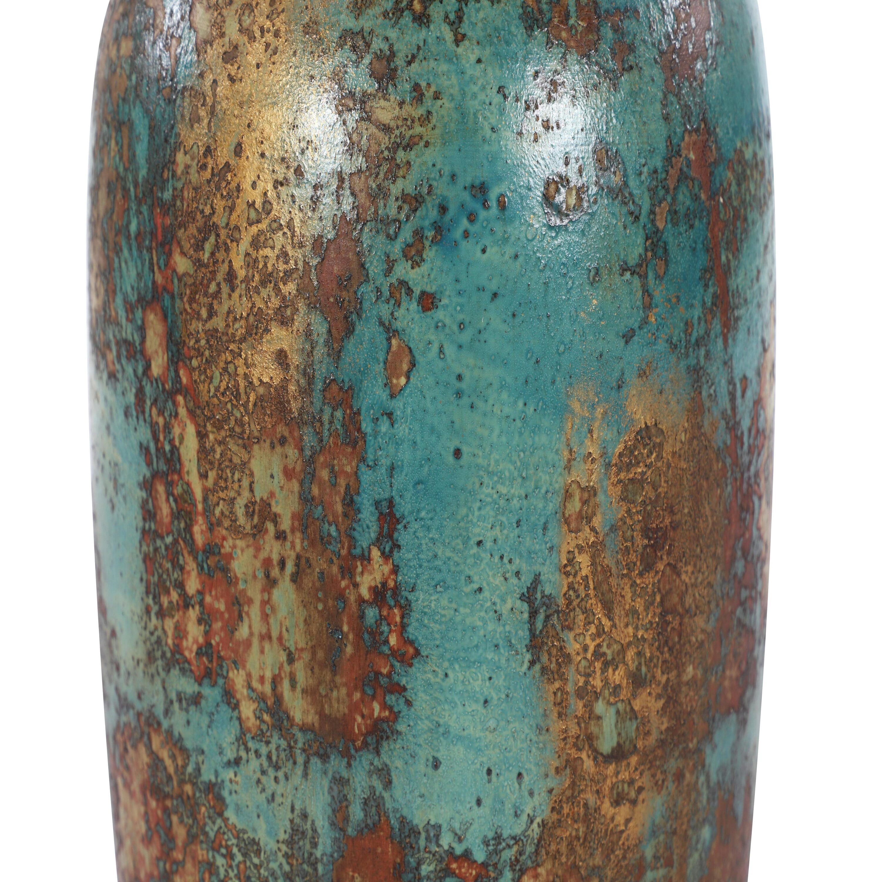 Rustic Turquoise and Bronze Ceramic Decorative Vase