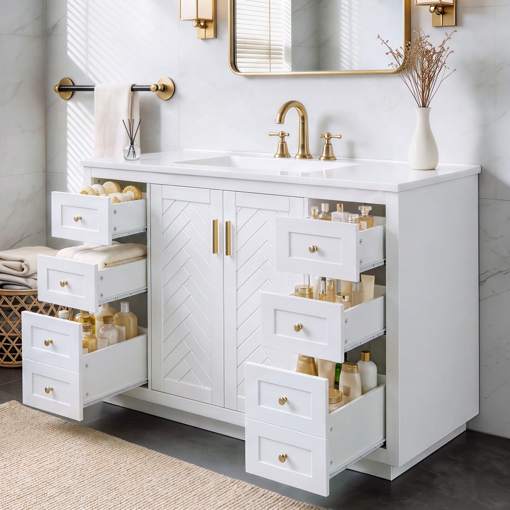 JUJABU White 48in Bathroom Vanity with Sink Top 6 Drawers and 2 Soft-clsoe Doors for Bathroom