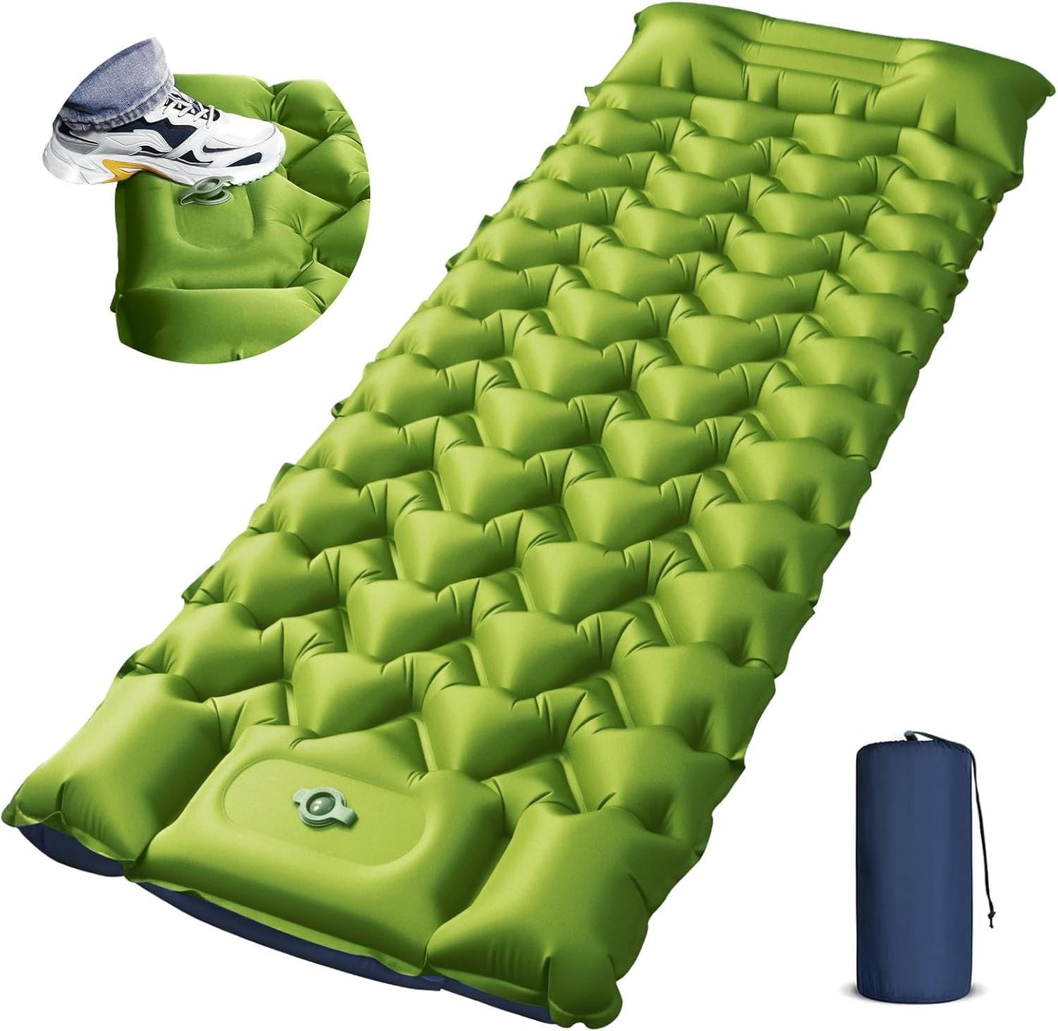 JUSHUA Camping Sleeping Pad Ultralight Camping Mat with Pillow Built-in Foot Pump 4Inches Thick Inflatable Sleeping Mat Compact for Backpacking Hiking Car Traveling Camp Tent