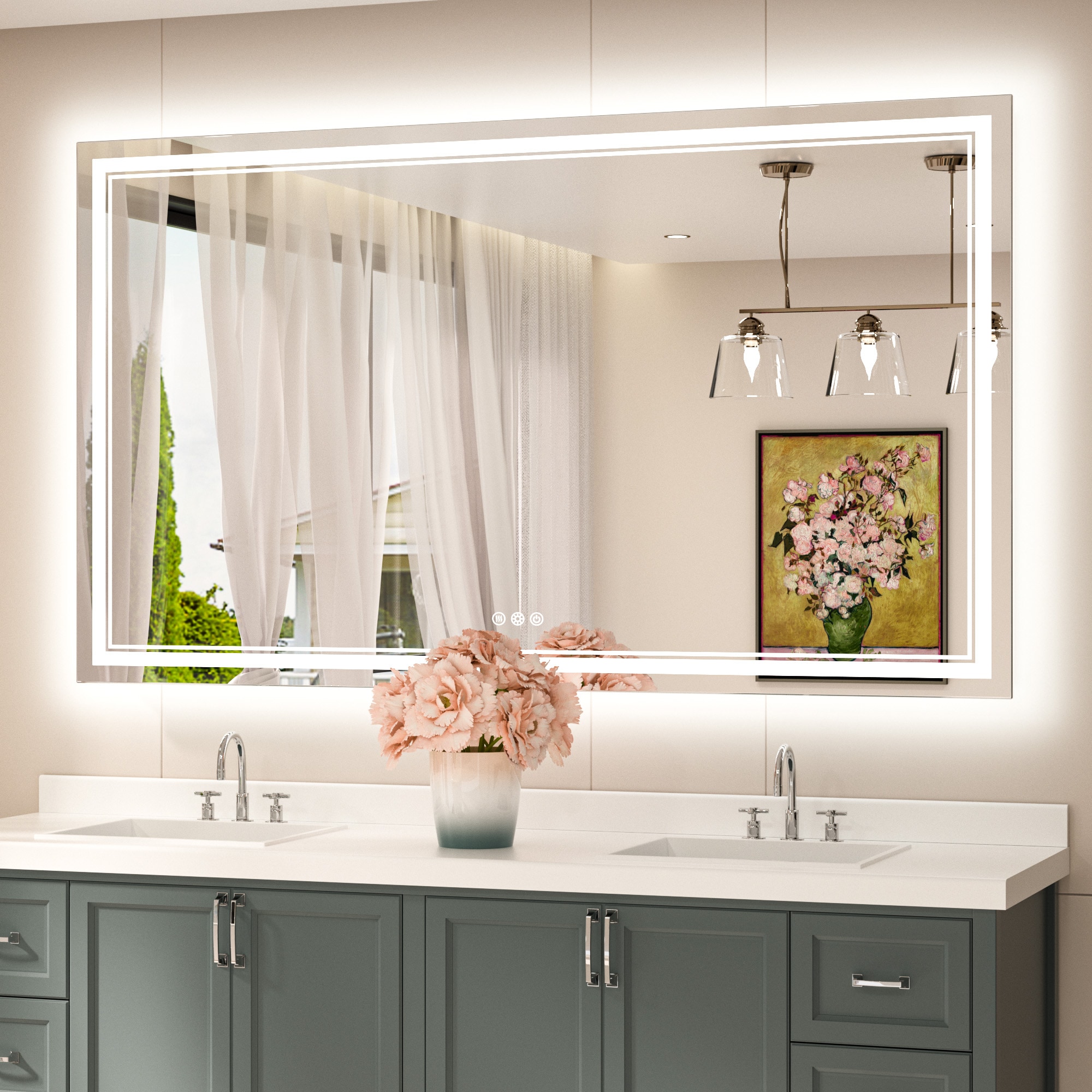 Keonjinn LW-JZ-ZBGSSW-15291 Bathroom Mirrors 60-in x 36-in Polished Frameless Rectangle Dimmable LED Lighted Fog Free Bathroom Vanity Mirror ( Silver )