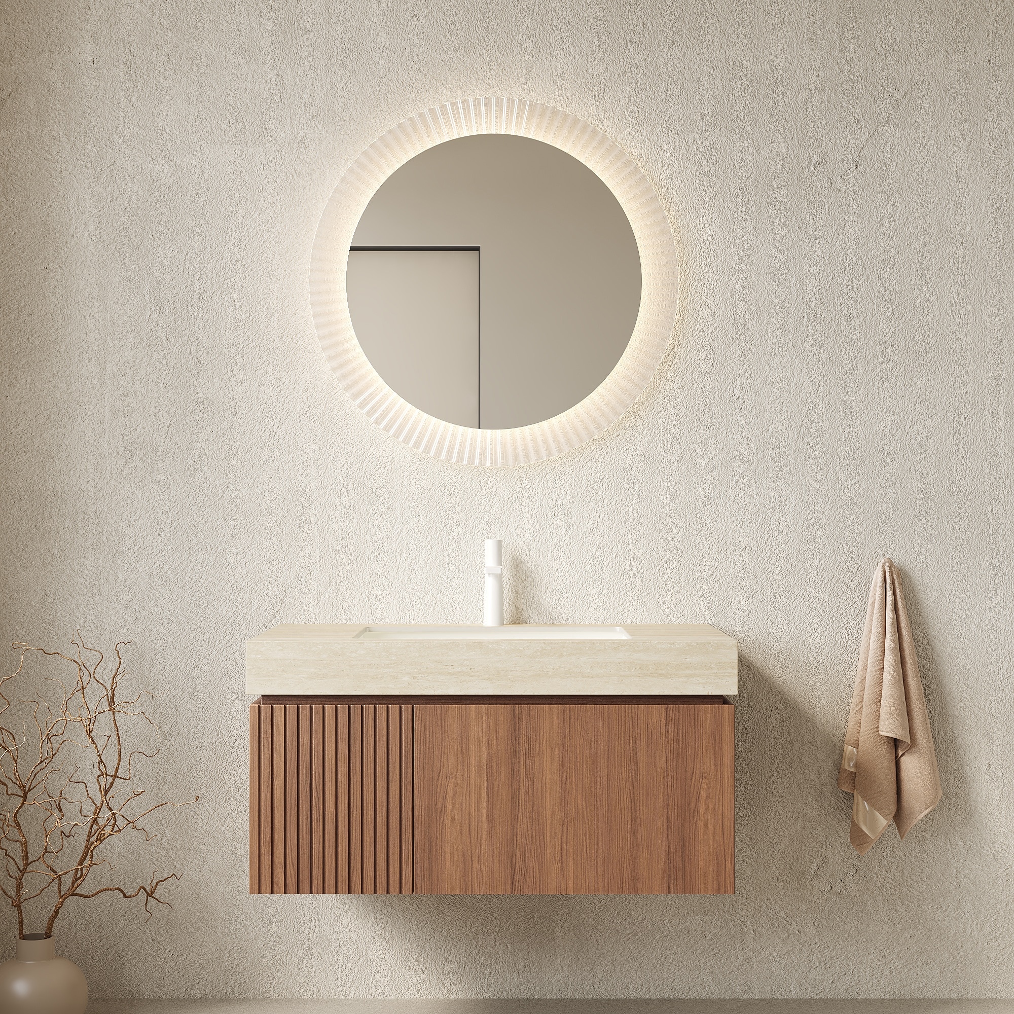 HyperDrop Cart 36-in Brown Oak Woodgrain Plywood Floating Bathroom Vanity with Roma Travertine Sintered Stone Top and Ceramic Basin Pre-Assembled