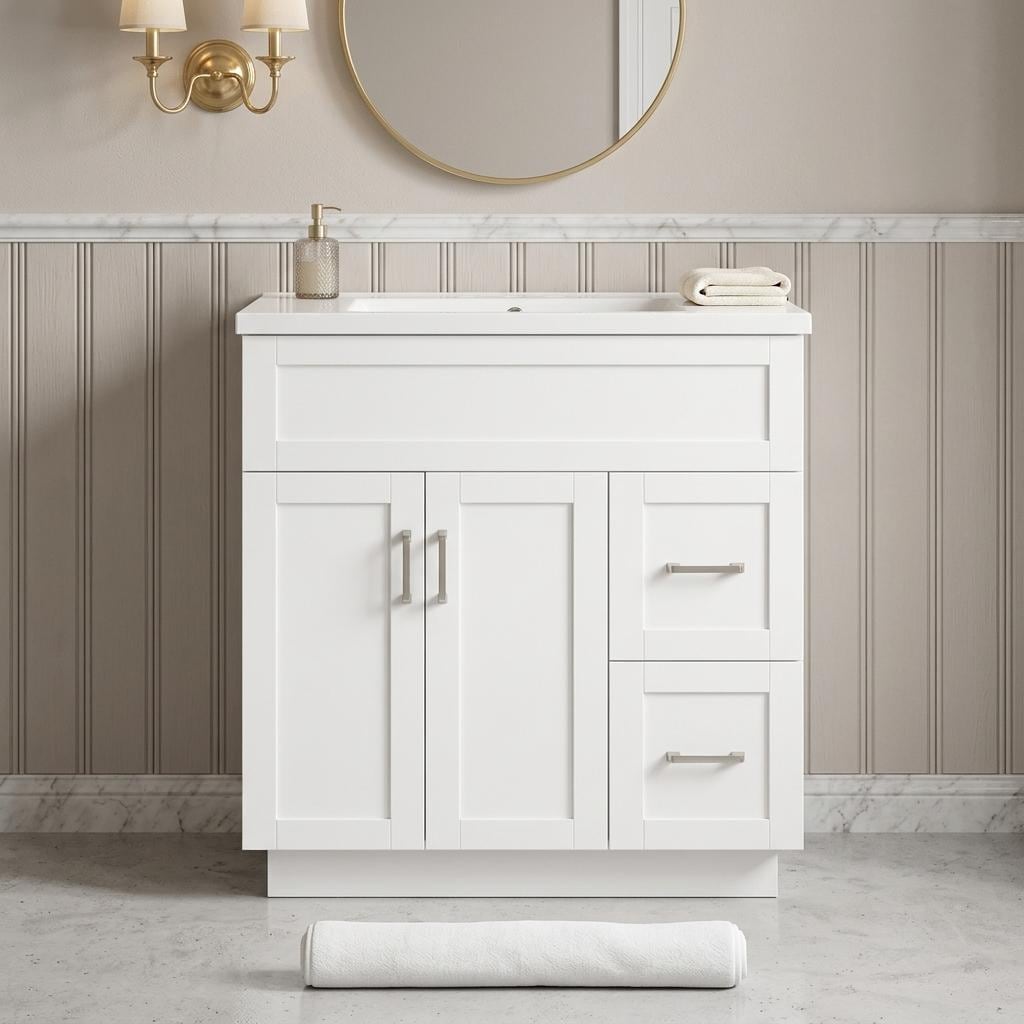 Homy Casa 30-in W White Bathroom Vanity with Soft Close Drawers Adjustable Shelf and Resin Sink