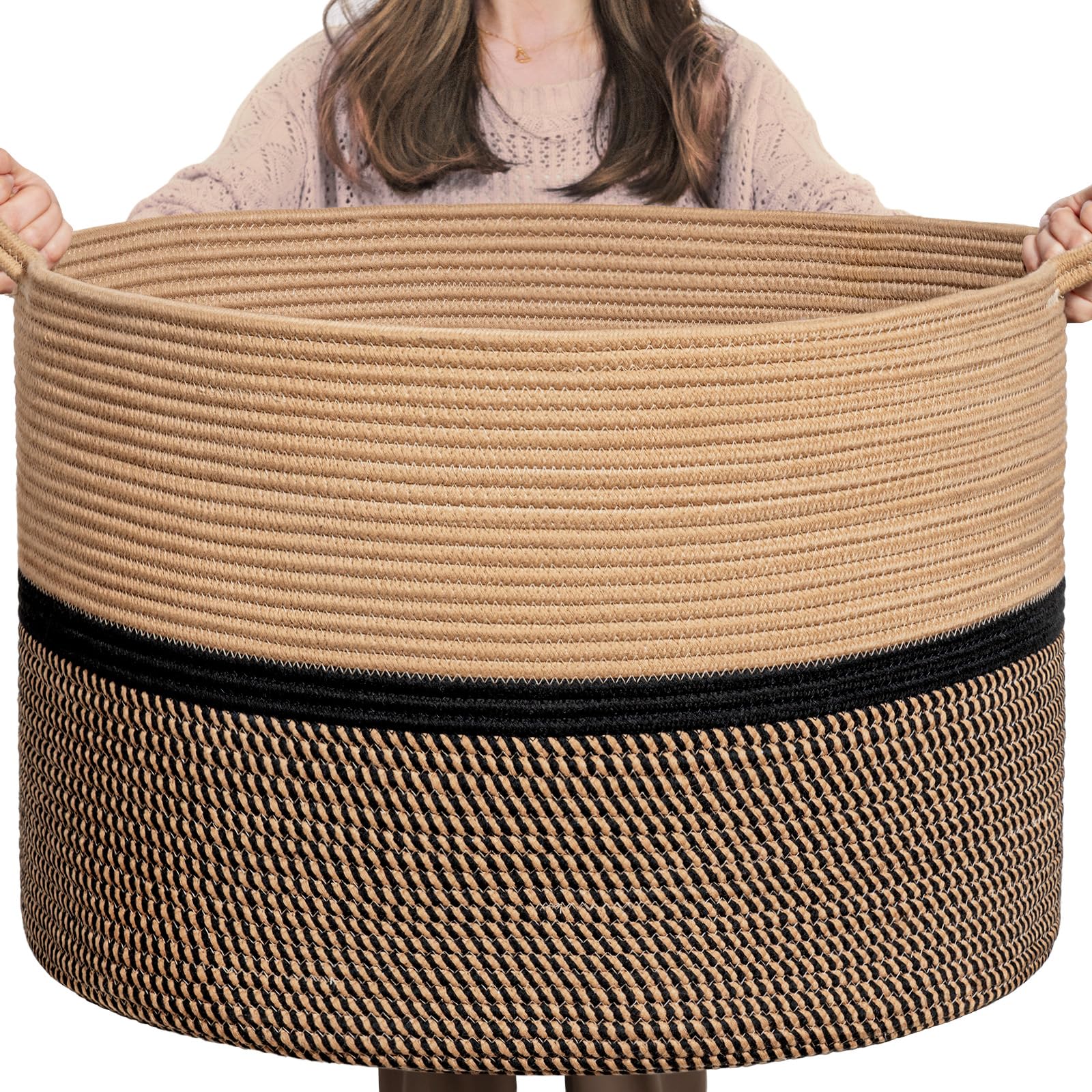 PIGFDK Brown and Black 85L Large Woven Cotton Rope Storage Basket With Reinforced Handles For Living Room Bedroom Nursery Laundry Toy Organization Decorative Foldable Machine Washable
