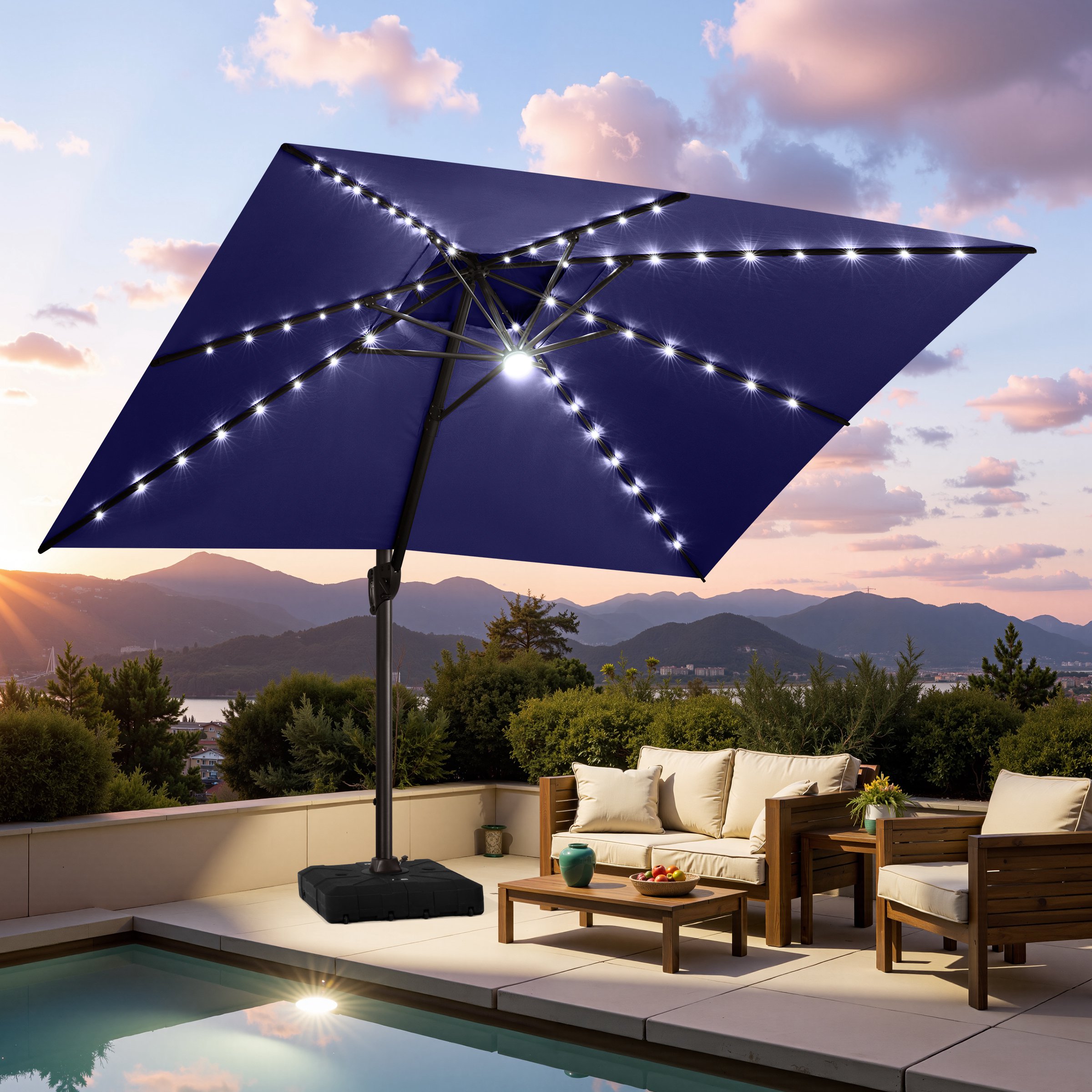 Crestlive Products - 13-ft Aluminum Blue Slide-tilt Cantilever Patio Umbrella with Lights with Base