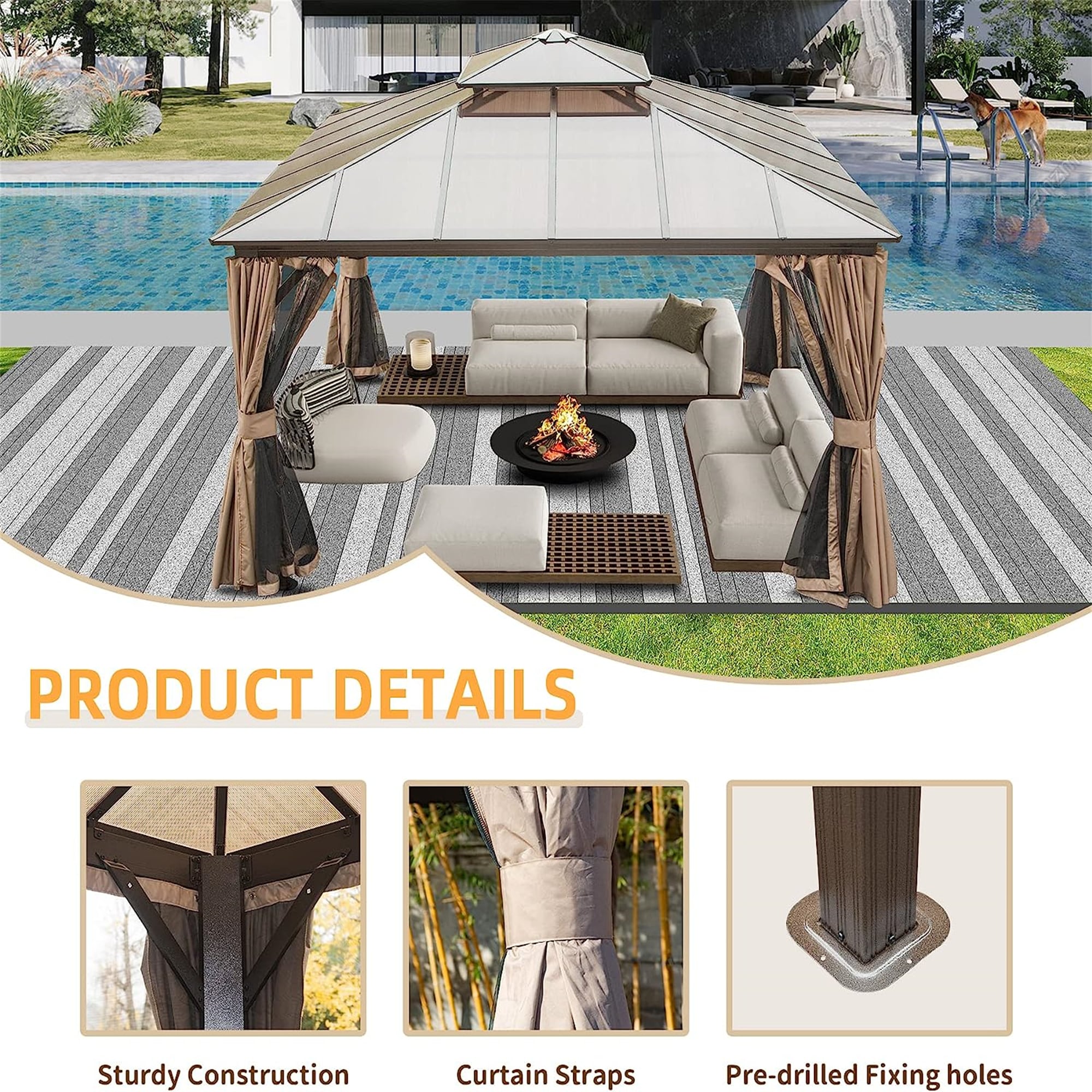 12'x12' Brown Aluminum Hardtop Patio Gazebo with Curtains