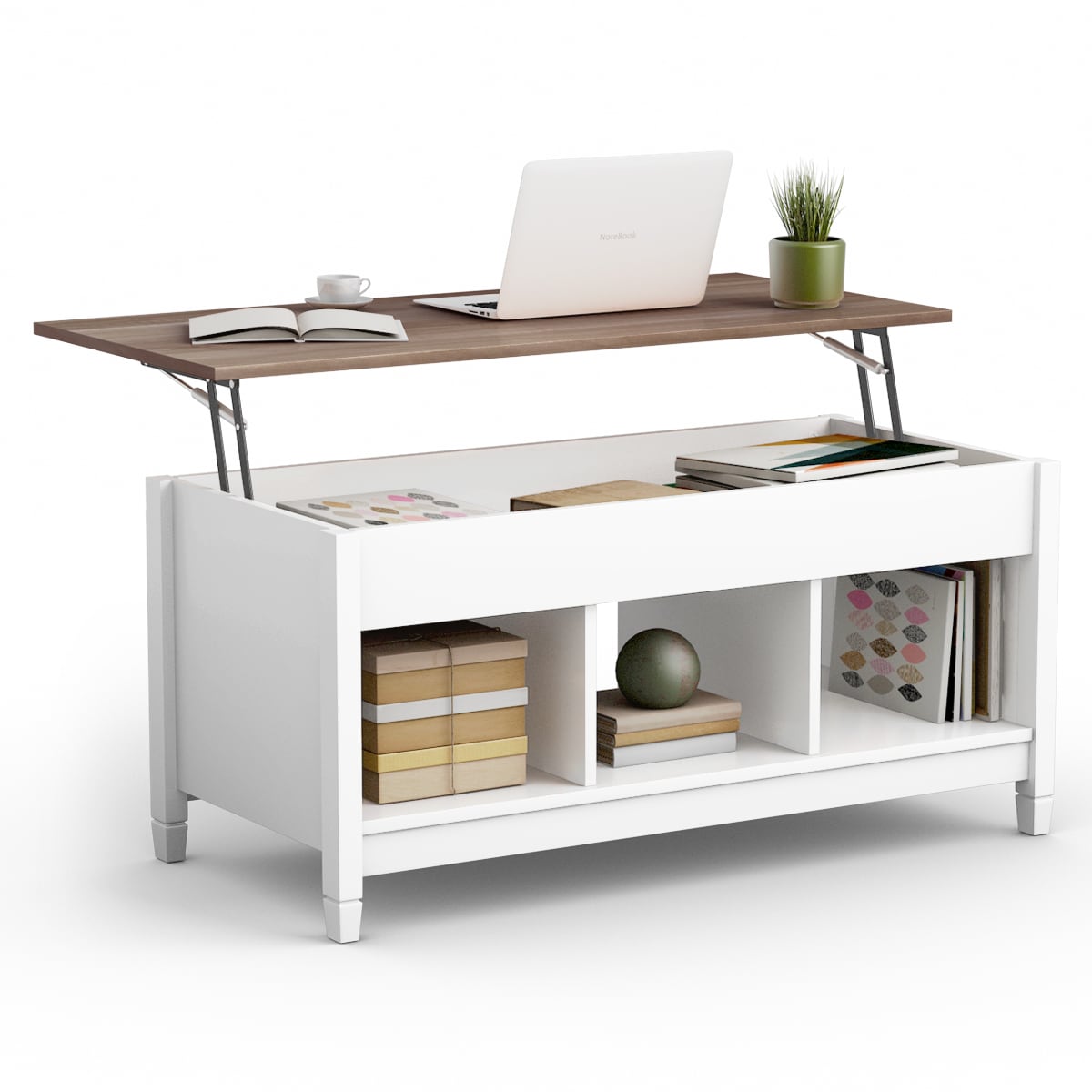 Contemporary White and Brown Rectangular Lift-Top Coffee Table with Storage