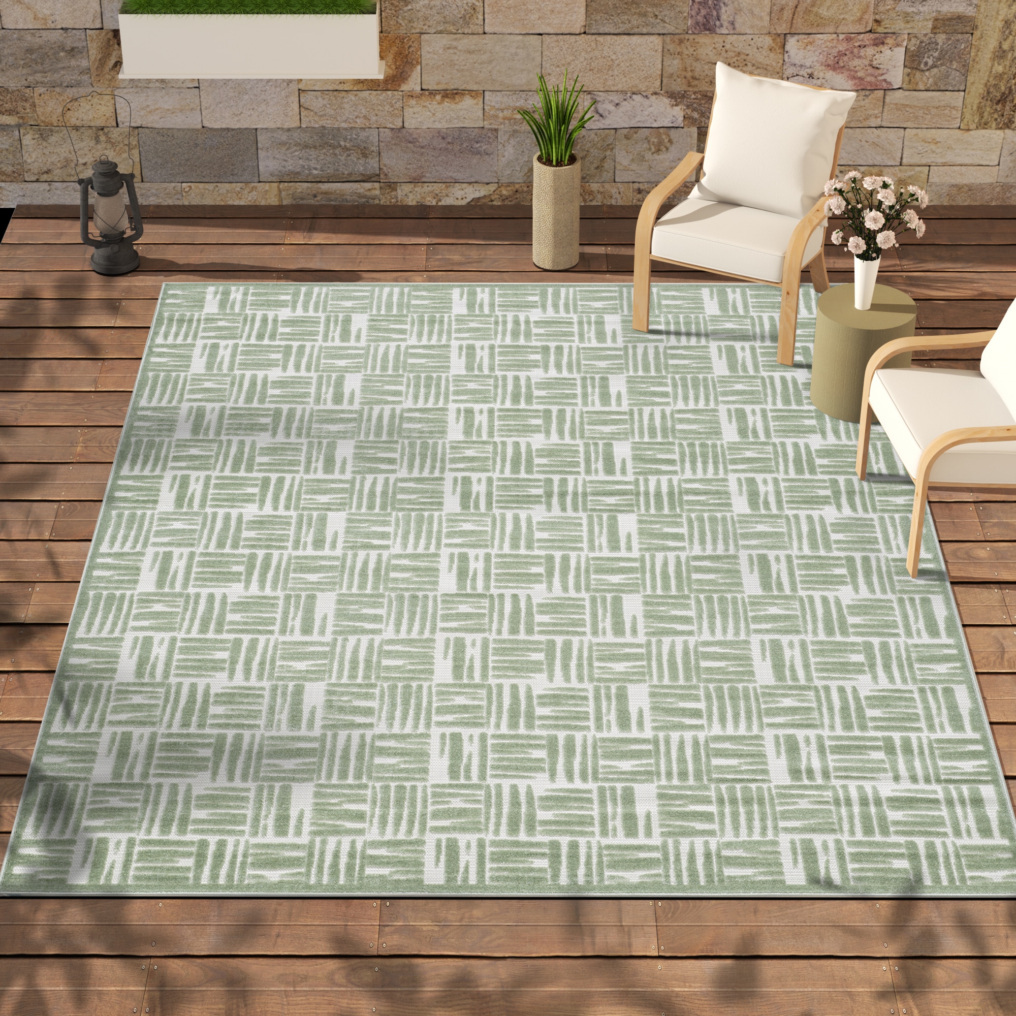 Maxax TO3005 Deco Oasis 8 x 10 (ft) Flatweave Polypropylene Green Rectangular Indoor/Outdoor Stripe French Country Machine washable Area rug
