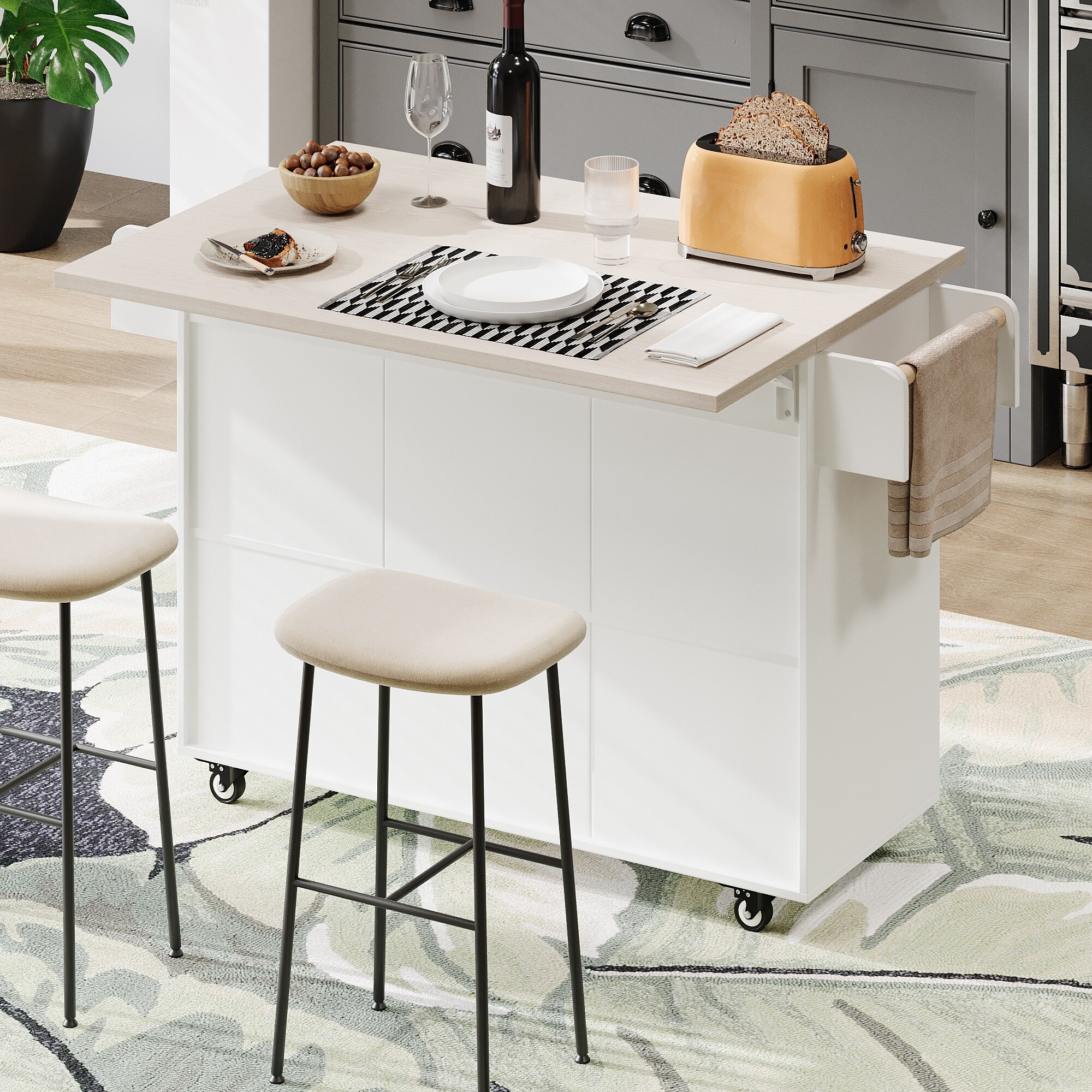 MooxvMoo 51.06-in Rolling Kitchen Island with Trash Can Storage Cabinet ...