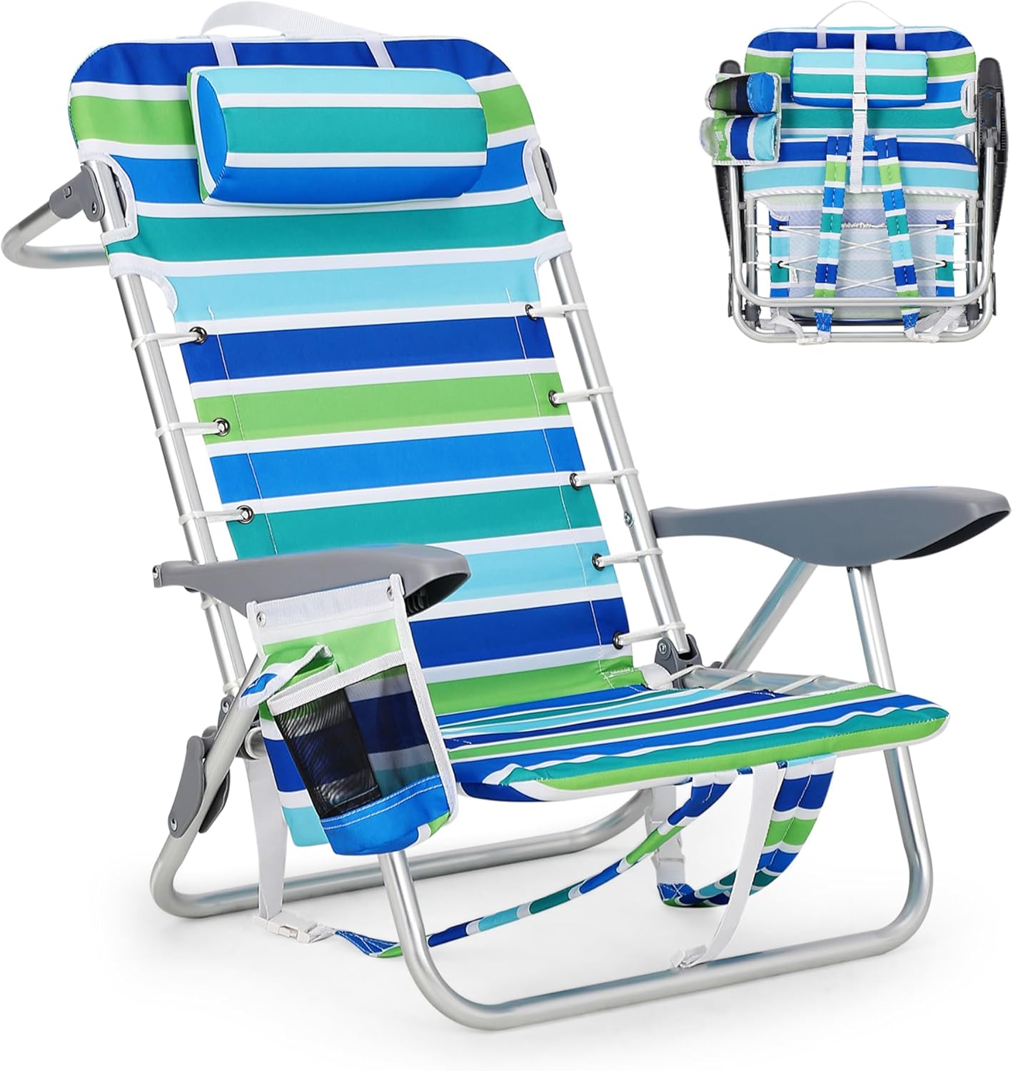 GAOMON Backpack Beach Chair - Portable Folding Reclining Chair with 5 Positions Cup Holder Phone Pocket and Towel Bar - Supports 350 lbs