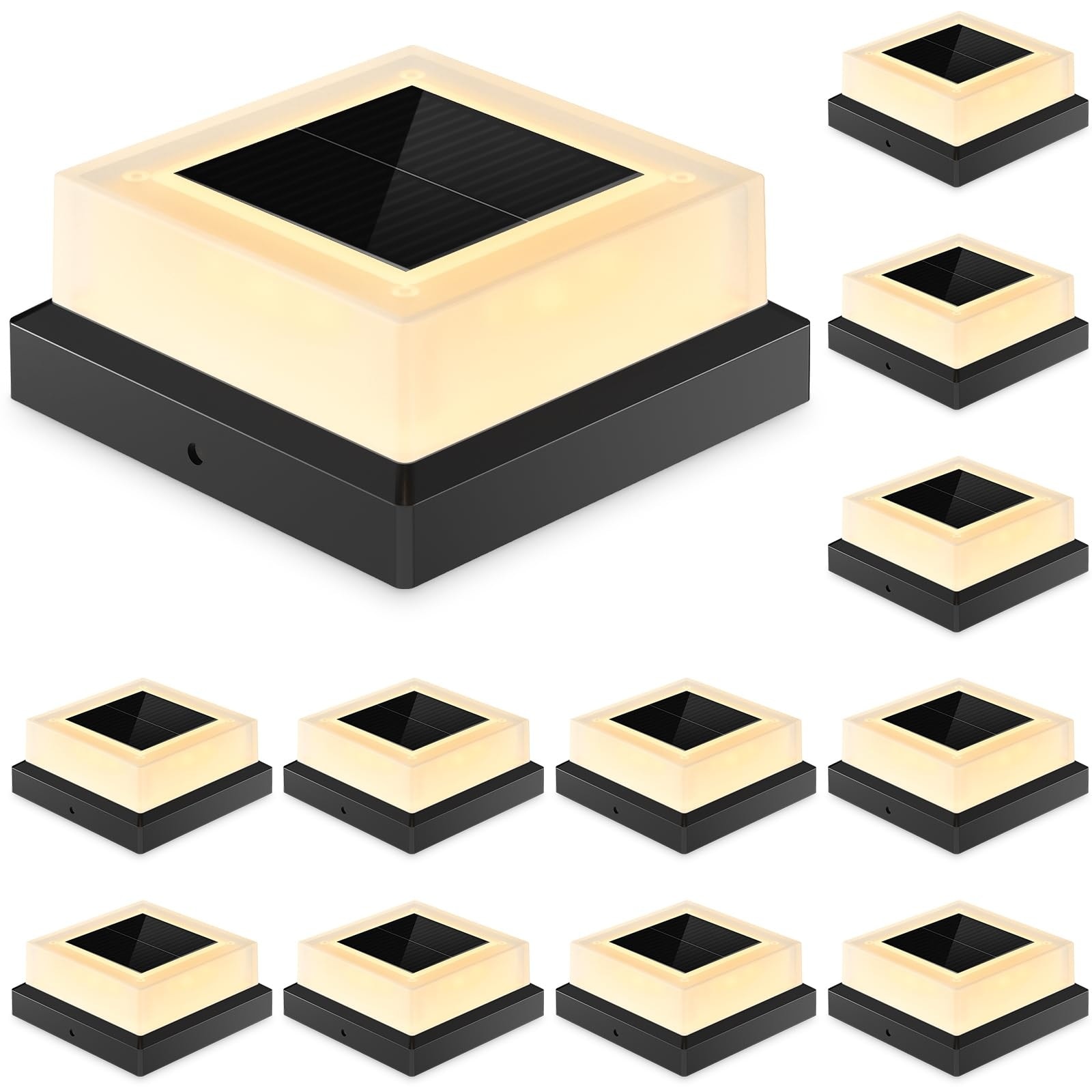 Oyezvary  12 Pack 4x4 Solar Post Cap Lights Outdoor 3000K Warm White 360 Degree Waterproof Fence Lights for 3.5x3.5 or 4x4 Wood Vinyl Posts