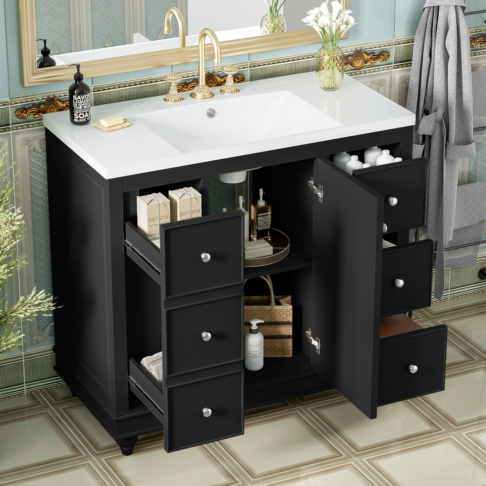 Tatayosi Contemporary Black Bathroom Vanity Cabinet - 36x18x34 inches 4 Drawers and 1 Cabinet Door Multipurpose Storage Resin Integrated Sink Adjustable Shelves Solid Wood Frame with MDF