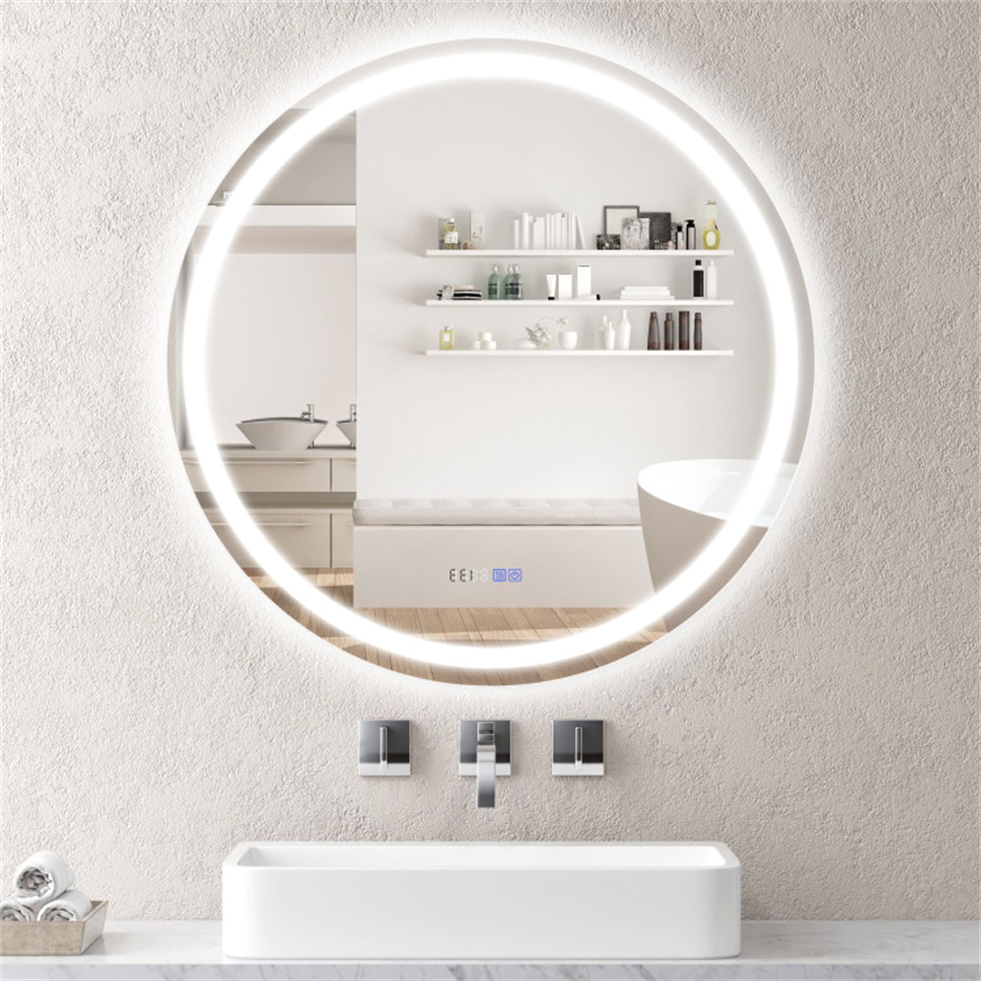 BABOOM BOM-5108990-OR Anti-Fog Bathroom Wall Mirror 32-Inches x 32-Inches Polished Frameless Round Dimmable LED Lighted Fog Free Bathroom Vanity Mirror ( Silver )