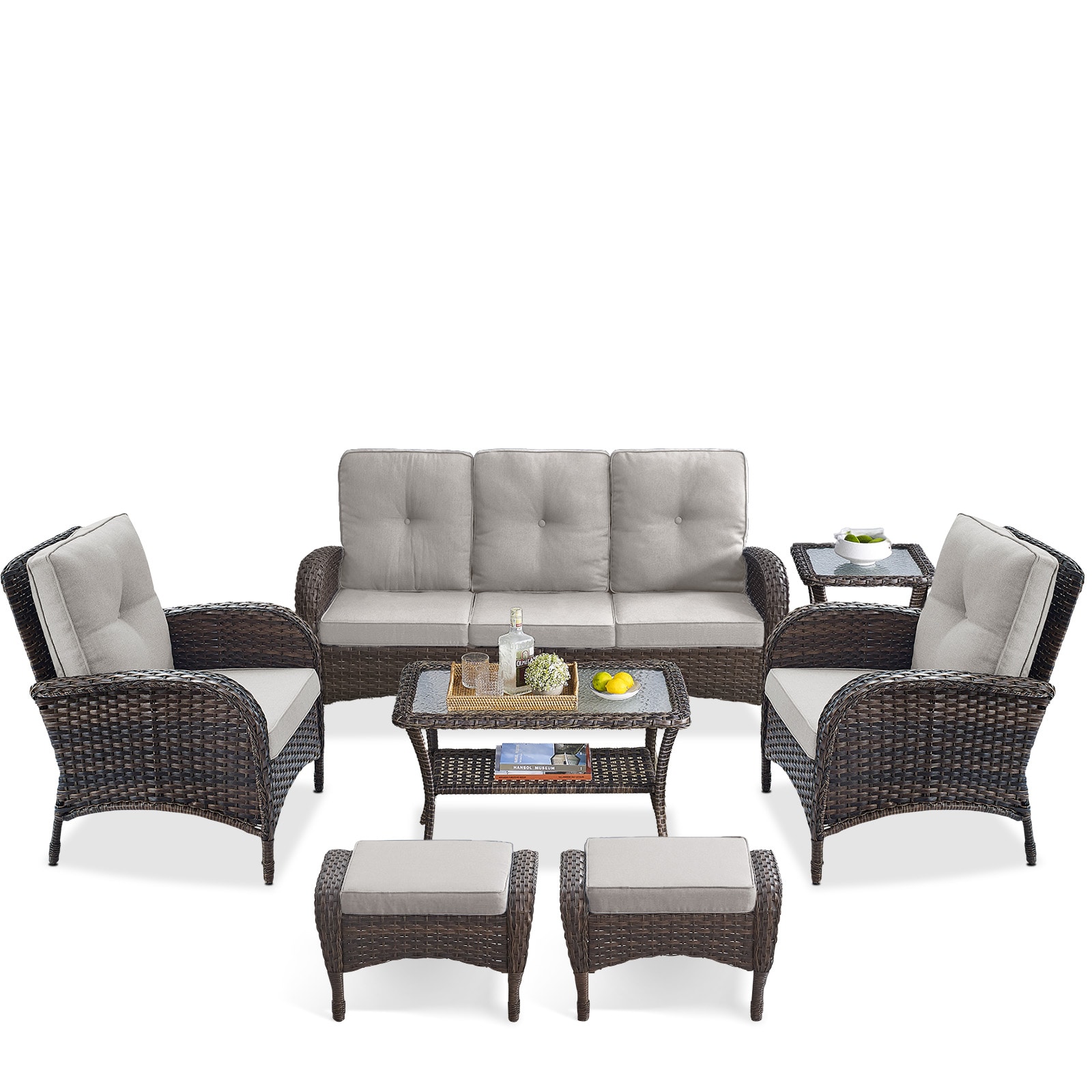 Rilyson FS114116R50087R60-2 7 -Piece Wicker Patio Sofa Conversation Set with Beige Cushions