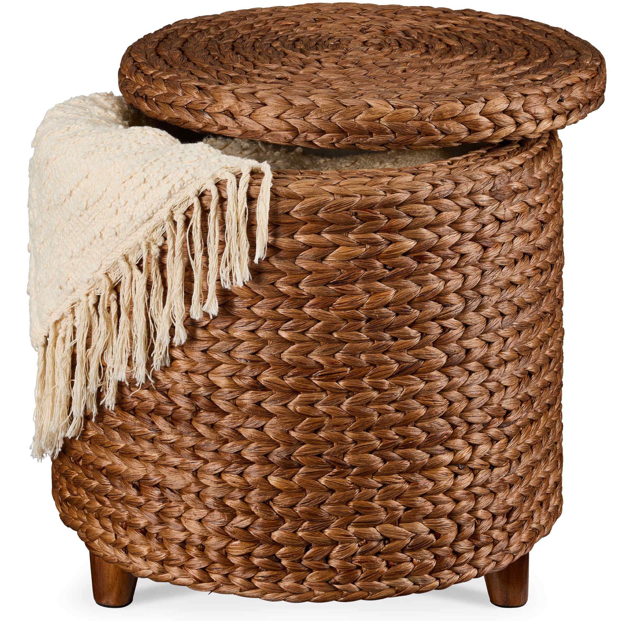 Best Choice Products 17 Round Storage Ottoman with Lid – Handwoven Water Hyacinth Modern Footstool #SKY9725