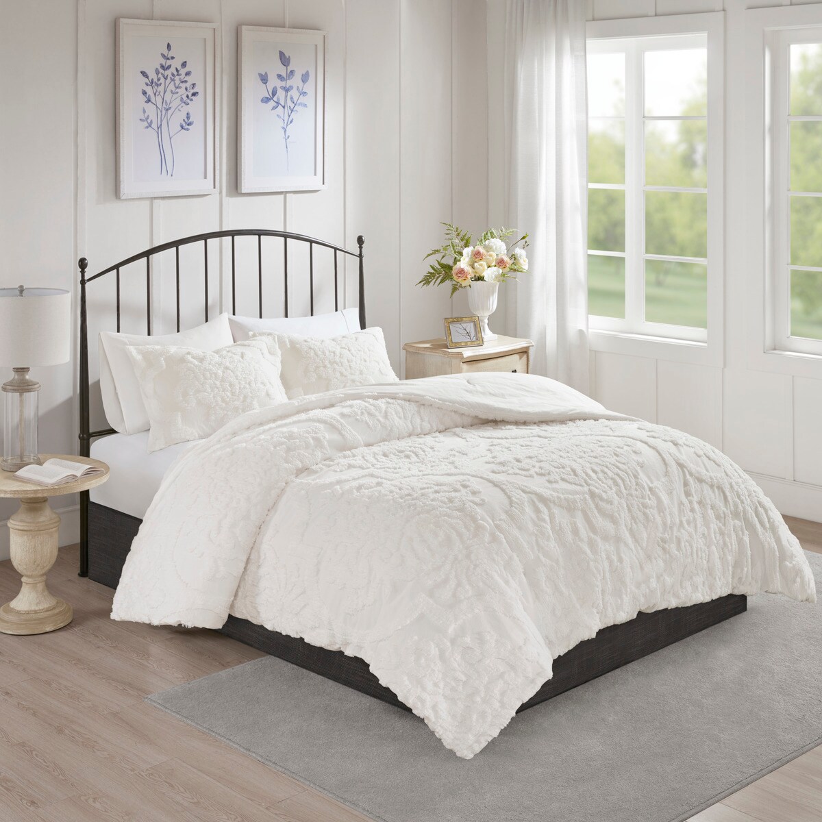 FAVSH 3 Piece Tufted Cotton Chenille Damask Comforter Set Off-White King/Cal King