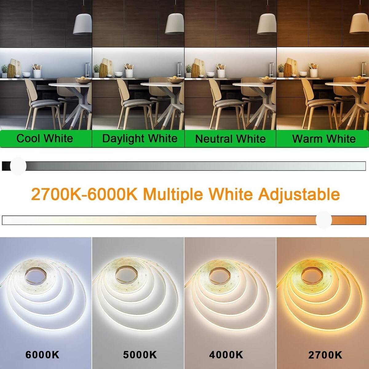 Slagawa 16.4FT COB LED Strip Light 24V CCT 2700K-6000K 640 LEDs per ...