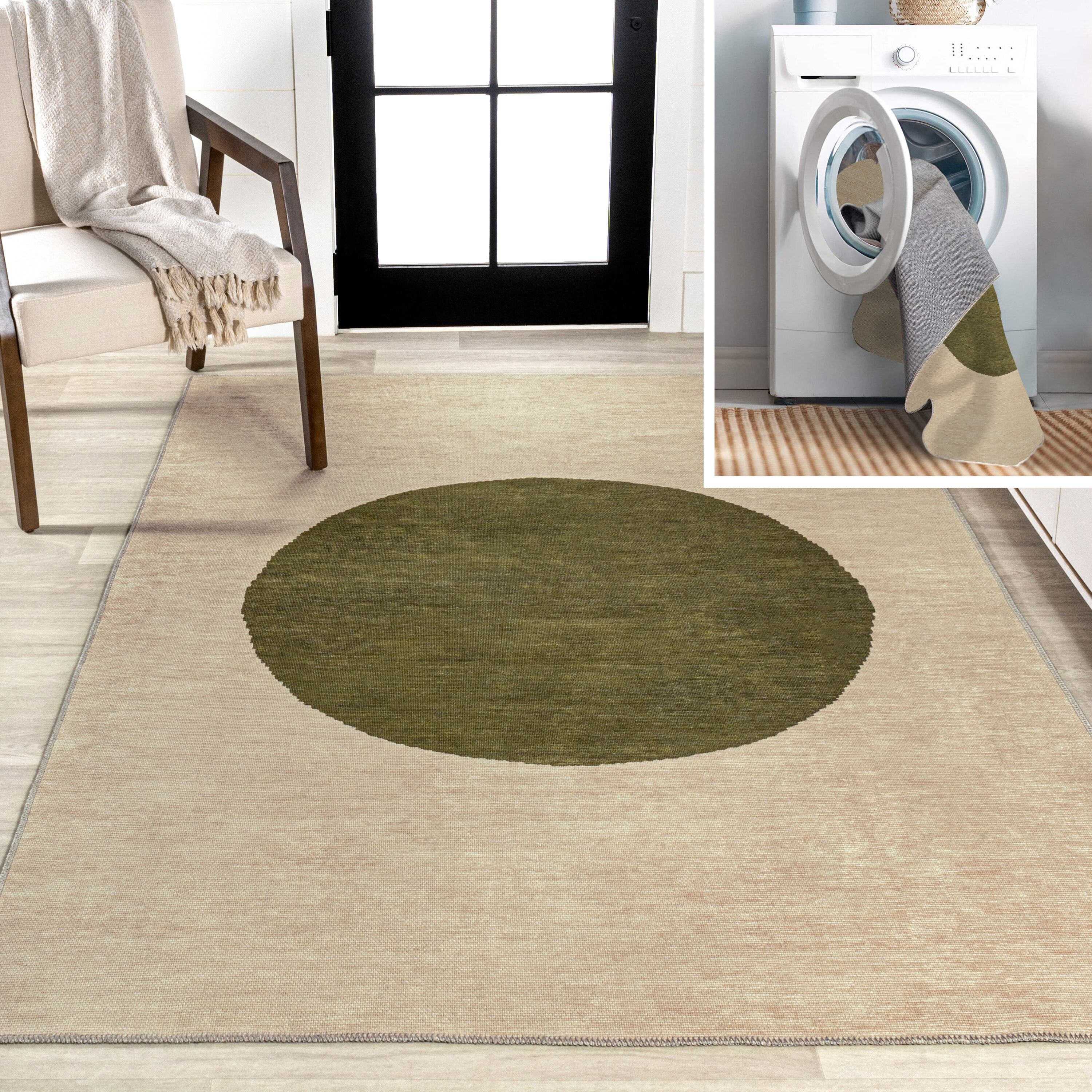 JONATHAN  Y WSH113C-8 WASHABLE Cirkel Minimalist Geometric Dot 8 x 10 (ft) Loomed Polypropylene Cream/Olive Rectangular Indoor Medallion Bohemian/Eclectic Machine washable Area rug