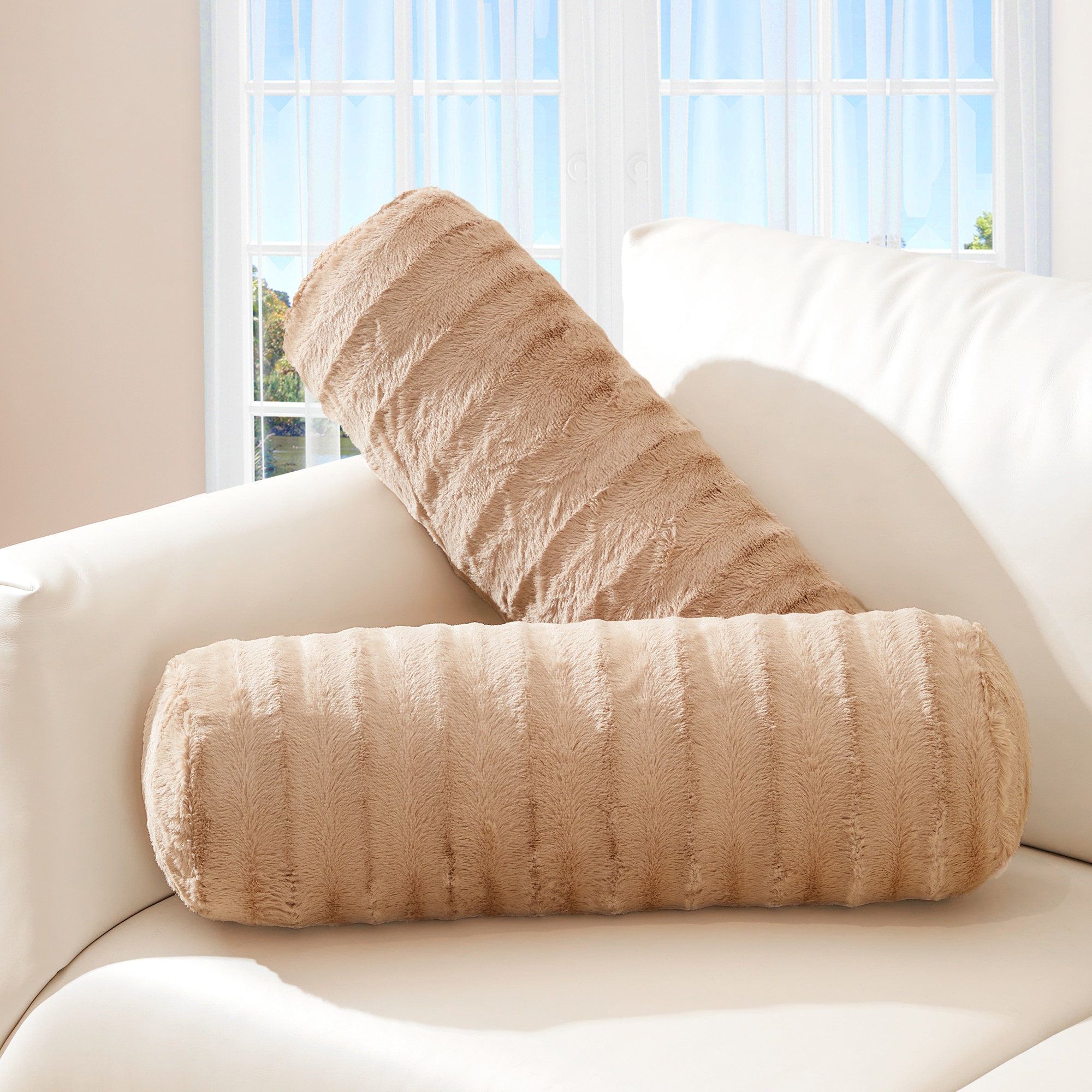 Cheer Collection  Set of 2 Faux Fur Bolster Pillows with Removable Covers 8 x 24 Inches Decorative Throw Pillows
