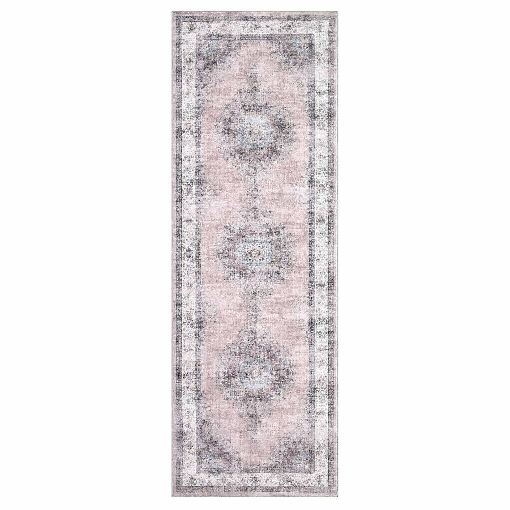 Qeetex SUNNY-PHO-33BFD9GM 2 x 6 ft Polyester Pink Rectangular Laundry Bathroom Kitchen Floral Medallion Vintage Machine Washable Runner Rug