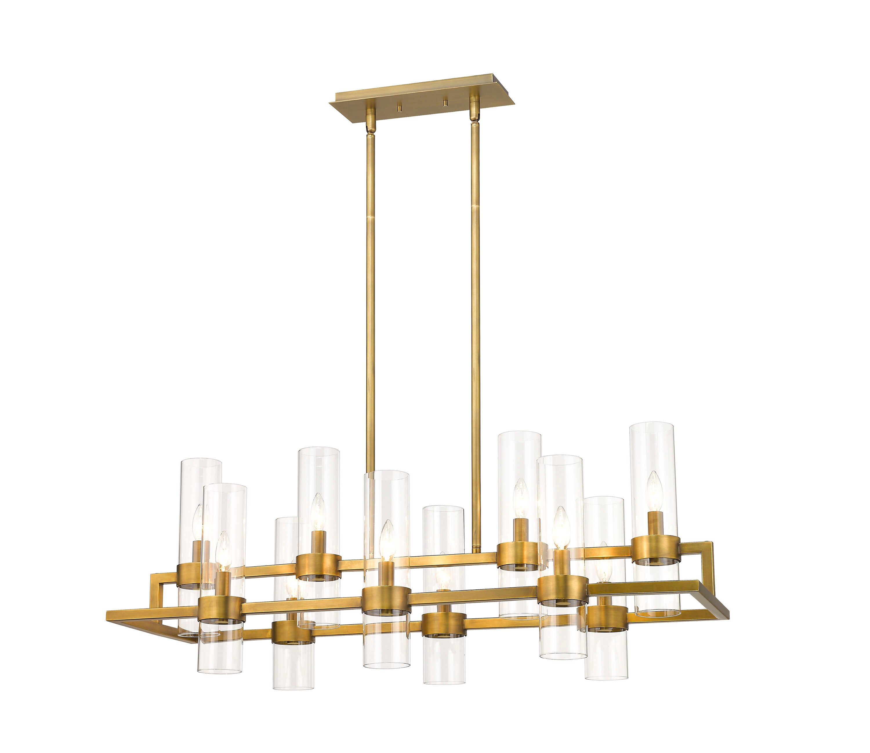 Datus 42.5" Rubbed Brass 10-Light Chandelier with Clear Glass Cylinders