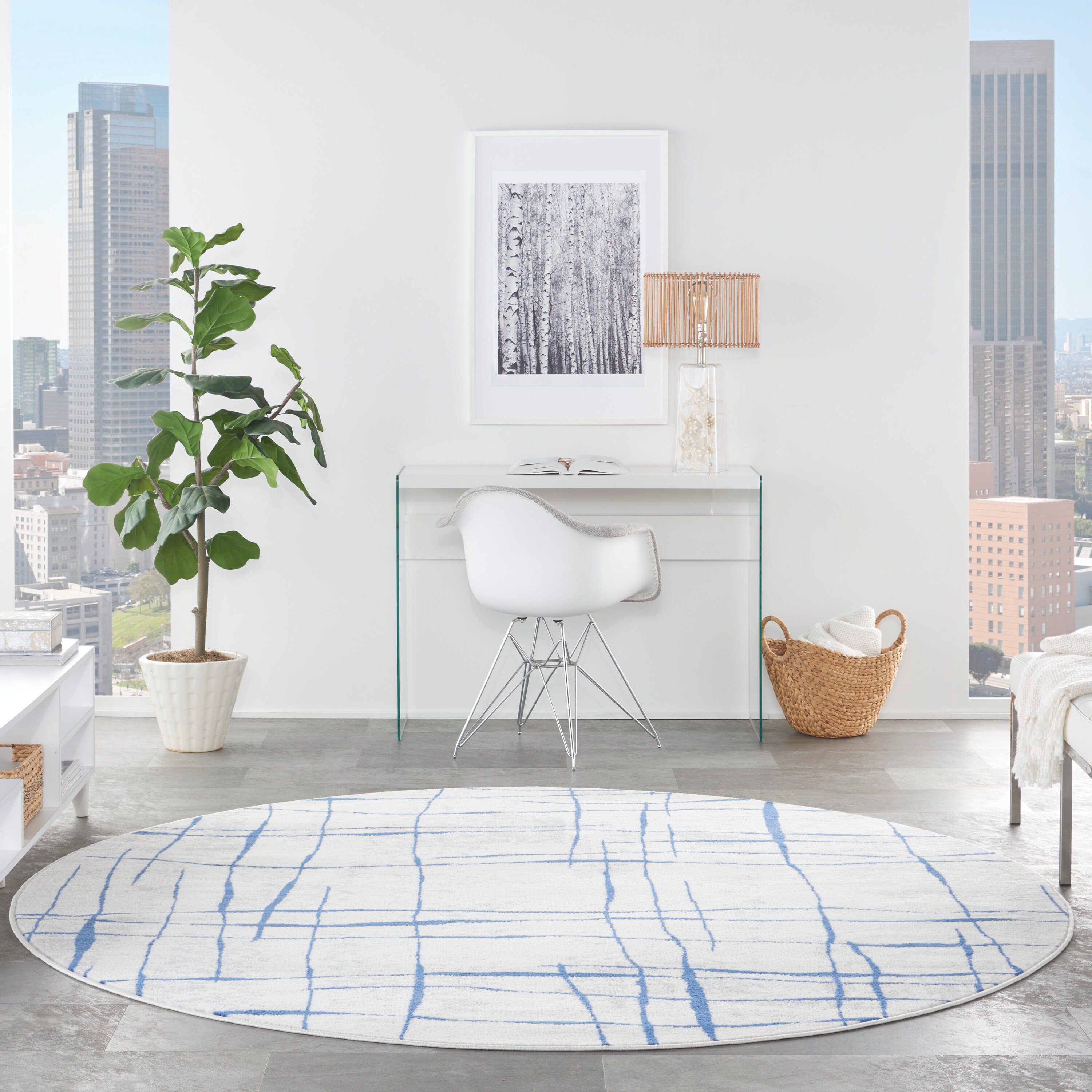 Whimsicle Blue and Ivory Abstract Round 8' Area Rug