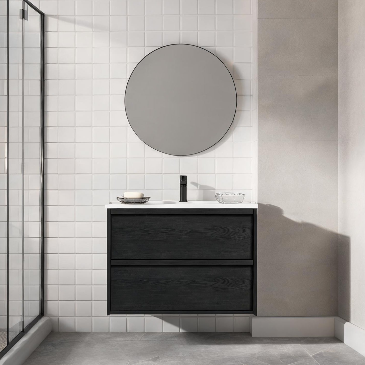SunJet Modern wall-mounted floating vanity with ceramic sink and fluted ...