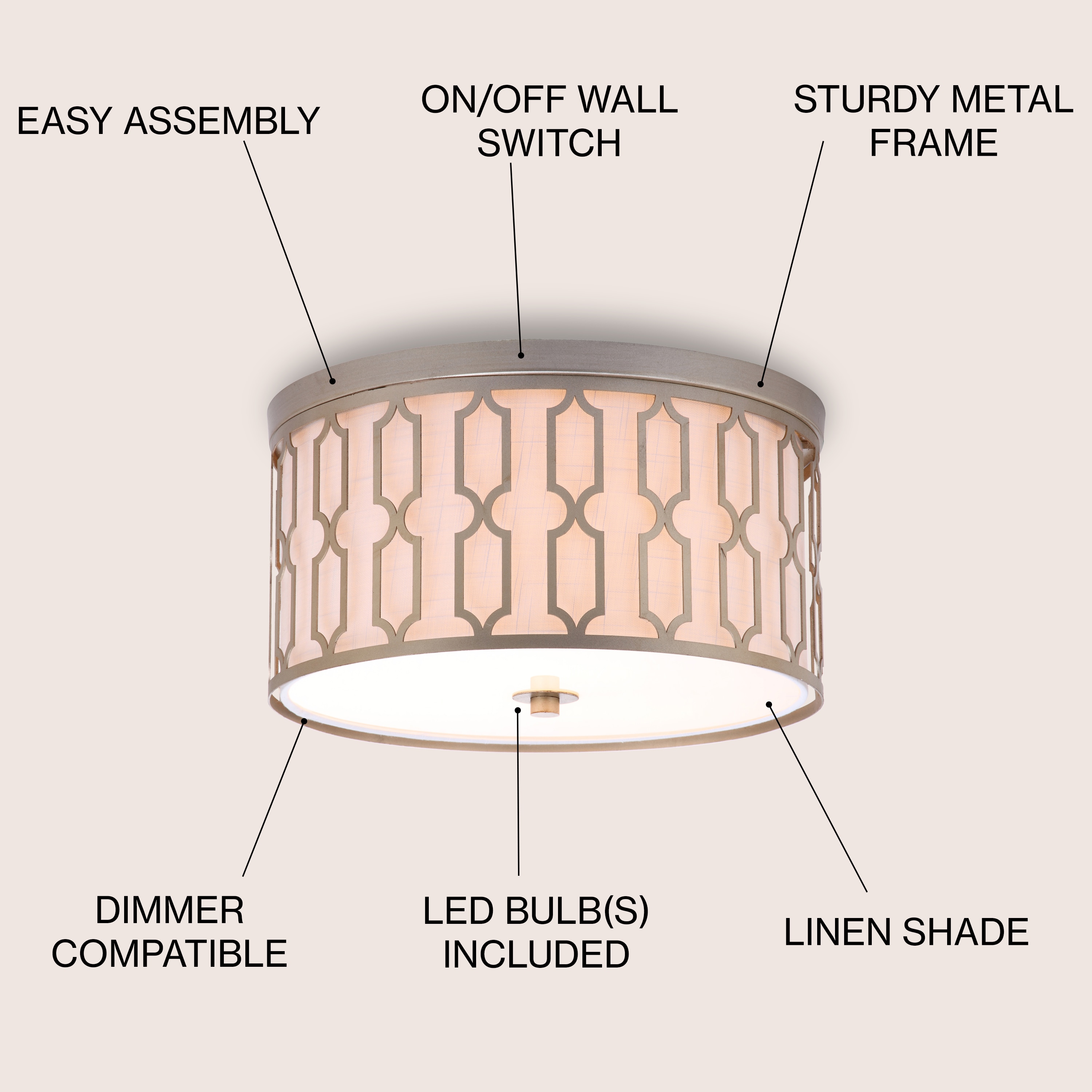 Soft Gold Geometric 3-Light LED Flush Mount with White Linen Shade