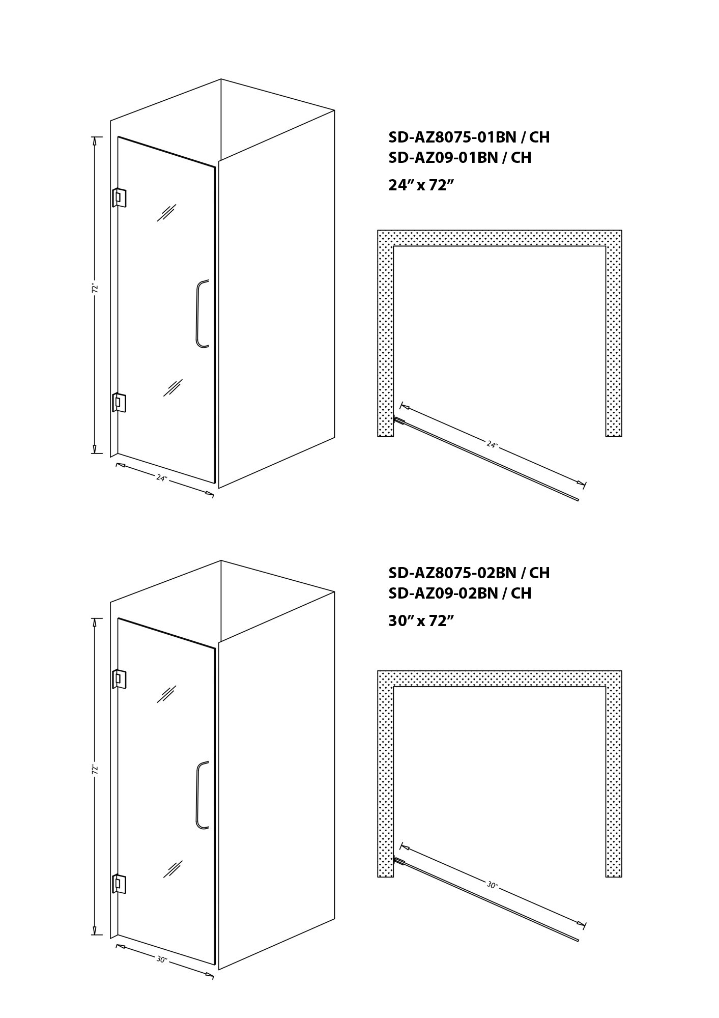 Brushed Nickel 24" x 72" Frameless Hinged Shower Door
