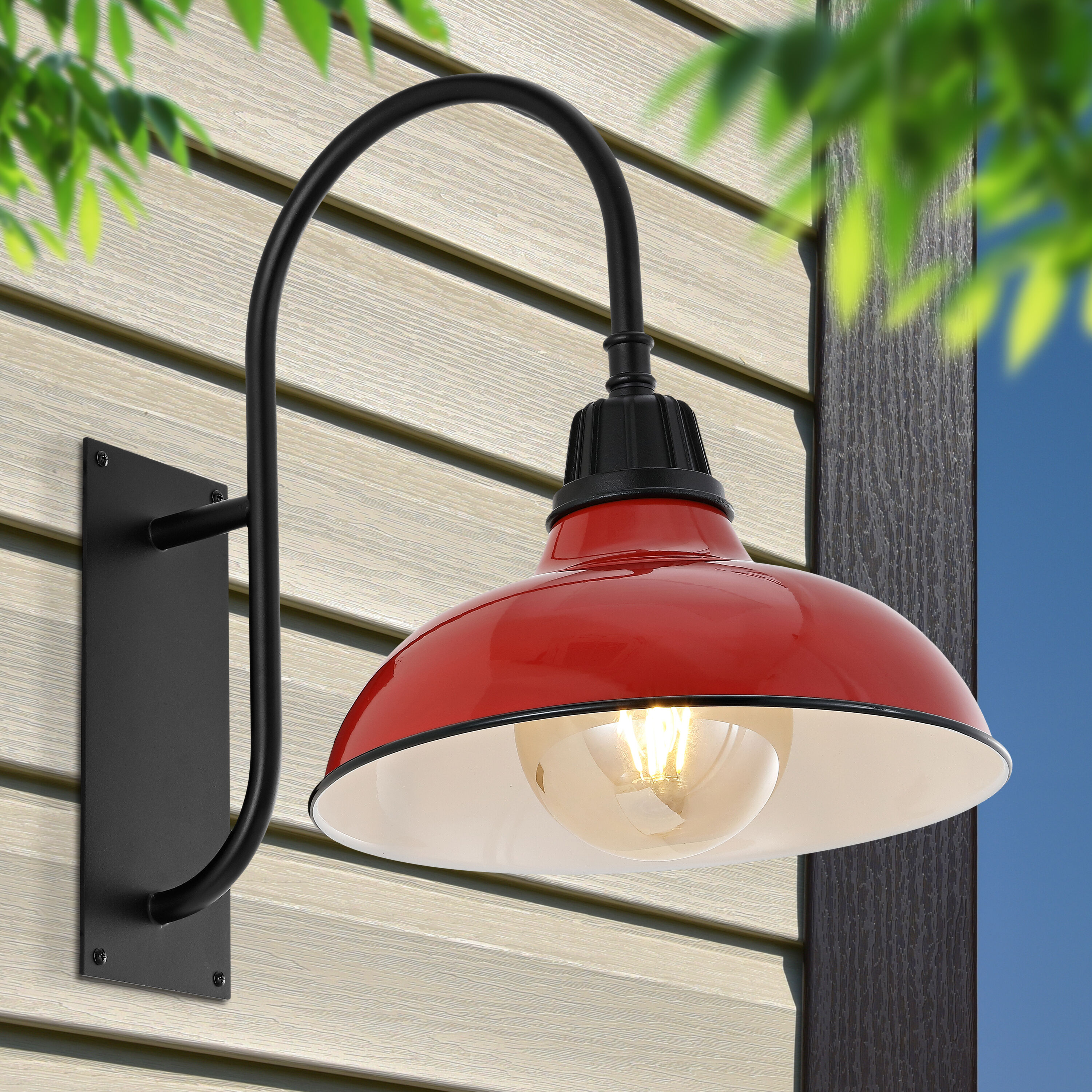 JONATHAN  Y JYL7614E Stanley Farmhouse Industrial Iron Gooseneck Arm 1 -Light 17-in H Polished Red Hardwired Outdoor Wall Light
