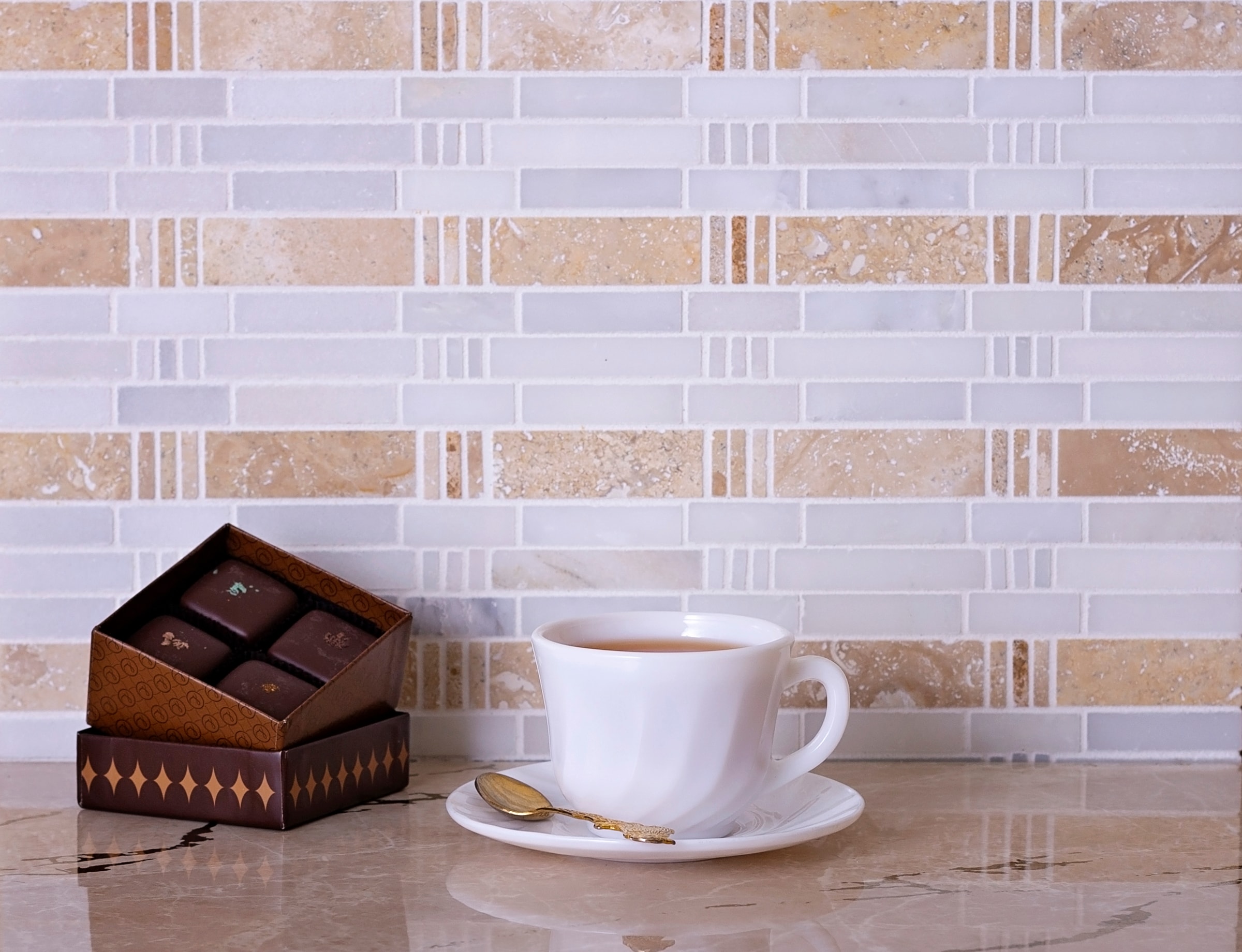 Beige and White Polished Marble Mosaic Tile 12" x 12"