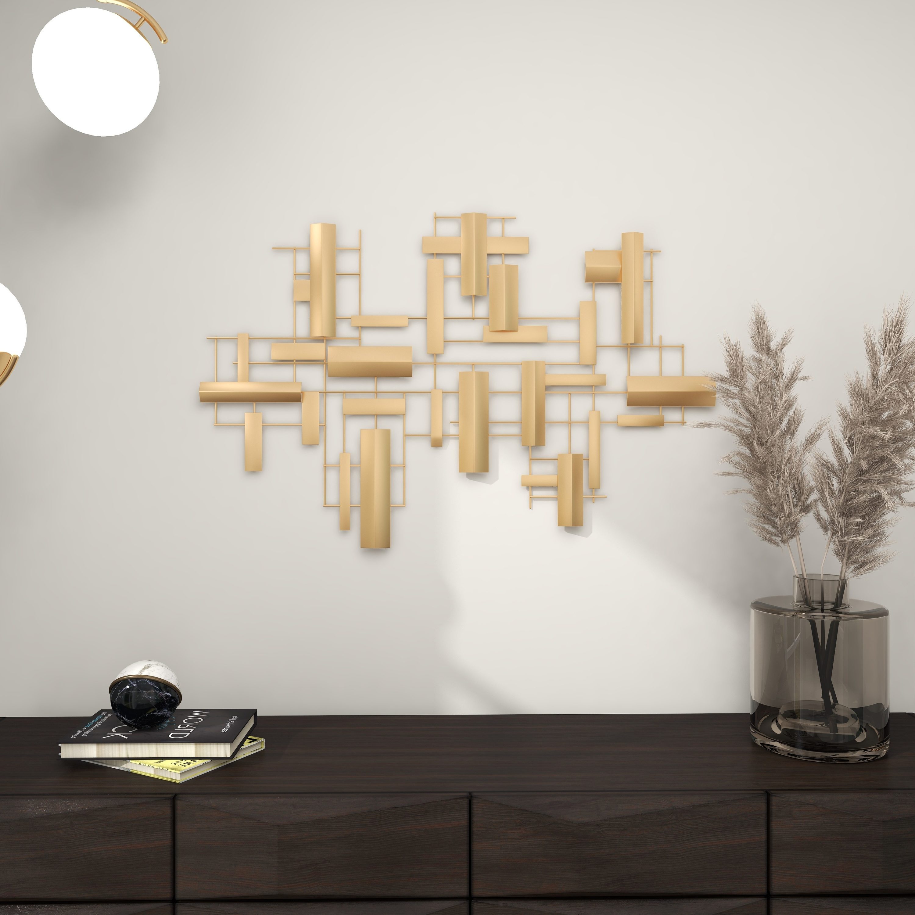 Gold Metal 3D Stripe Geometric Rectangle Wall Art, 36"x23"