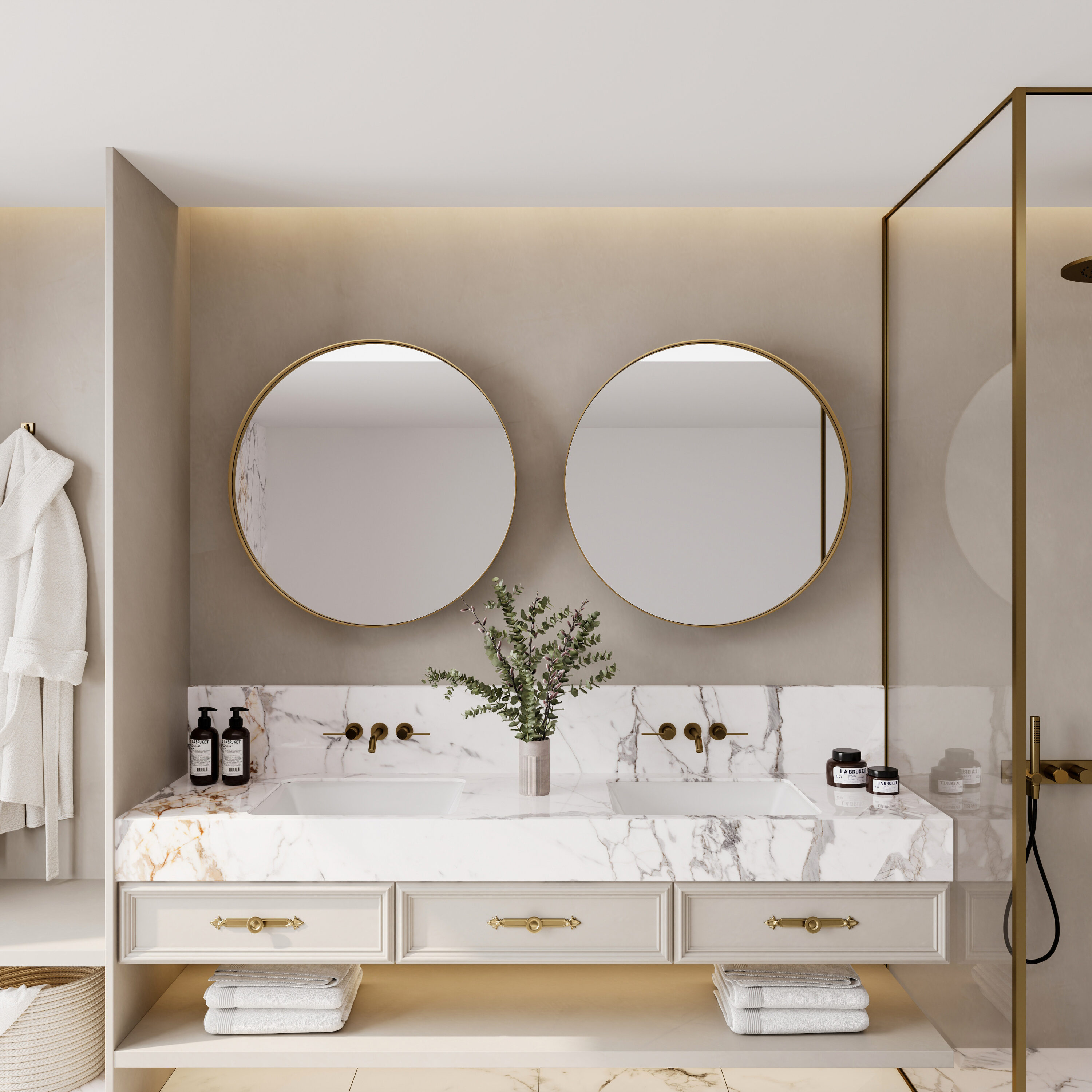 Afhocomp 31.5 in. W x 31.5 in. H Round Recessed Framed Metal Medicine Cabinet with Mirror in Gold