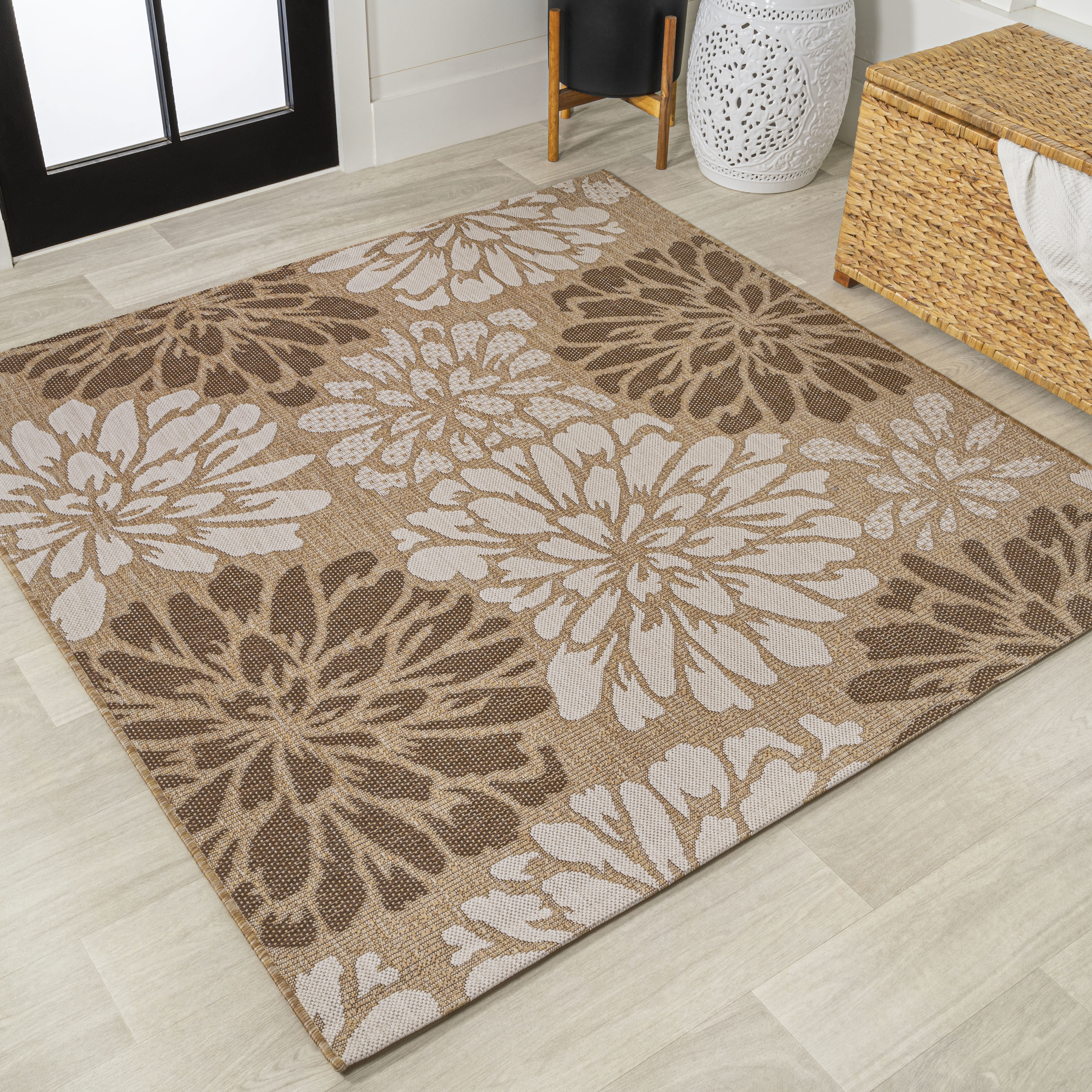 JONATHAN  Y SMB110I-4SQ SANTA MONICA Zinnia Floral Textured Weave 4 x 4 (ft) Polypropylene Brown/Cream Square Indoor Medallion Bohemian/Eclectic Area rug
