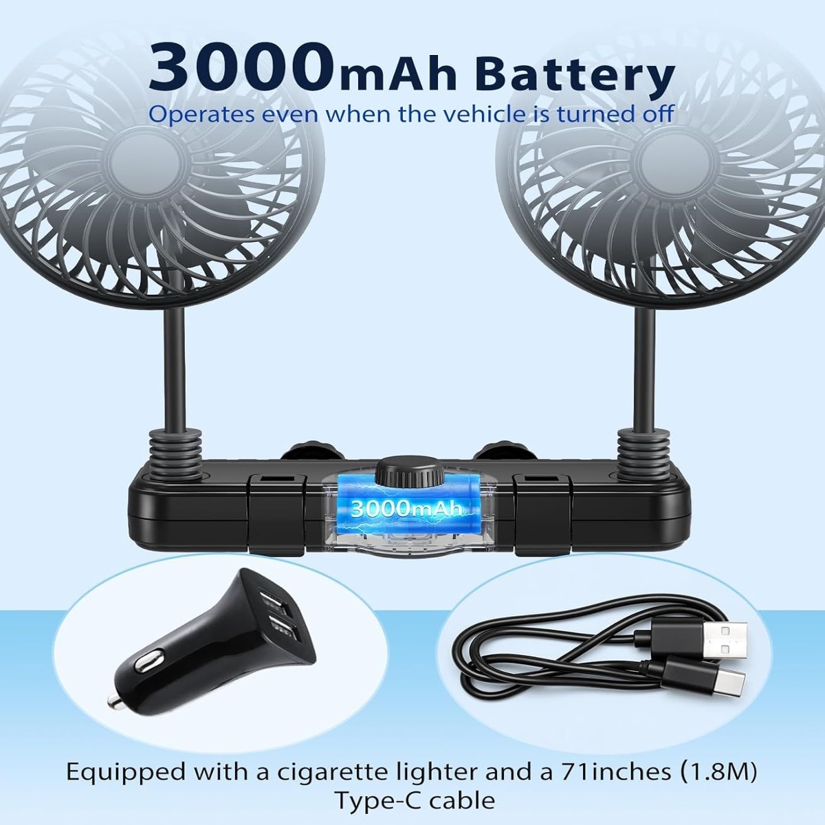 Ropilly  Car Back Seat Fan Dual Head Rechargeable 3000mAh Battery Gooseneck Headrest Fan for Kids and Rear Passengers