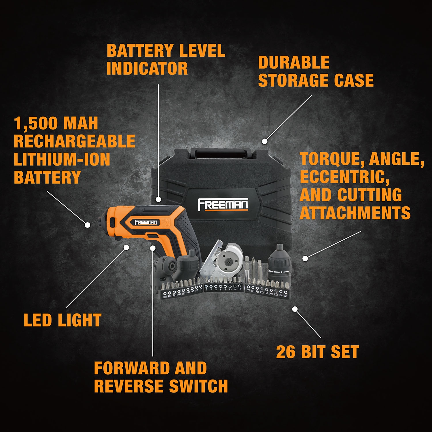 FREEMAN Interchangeable Attachments, Hex Bits, and Case 5-in-1