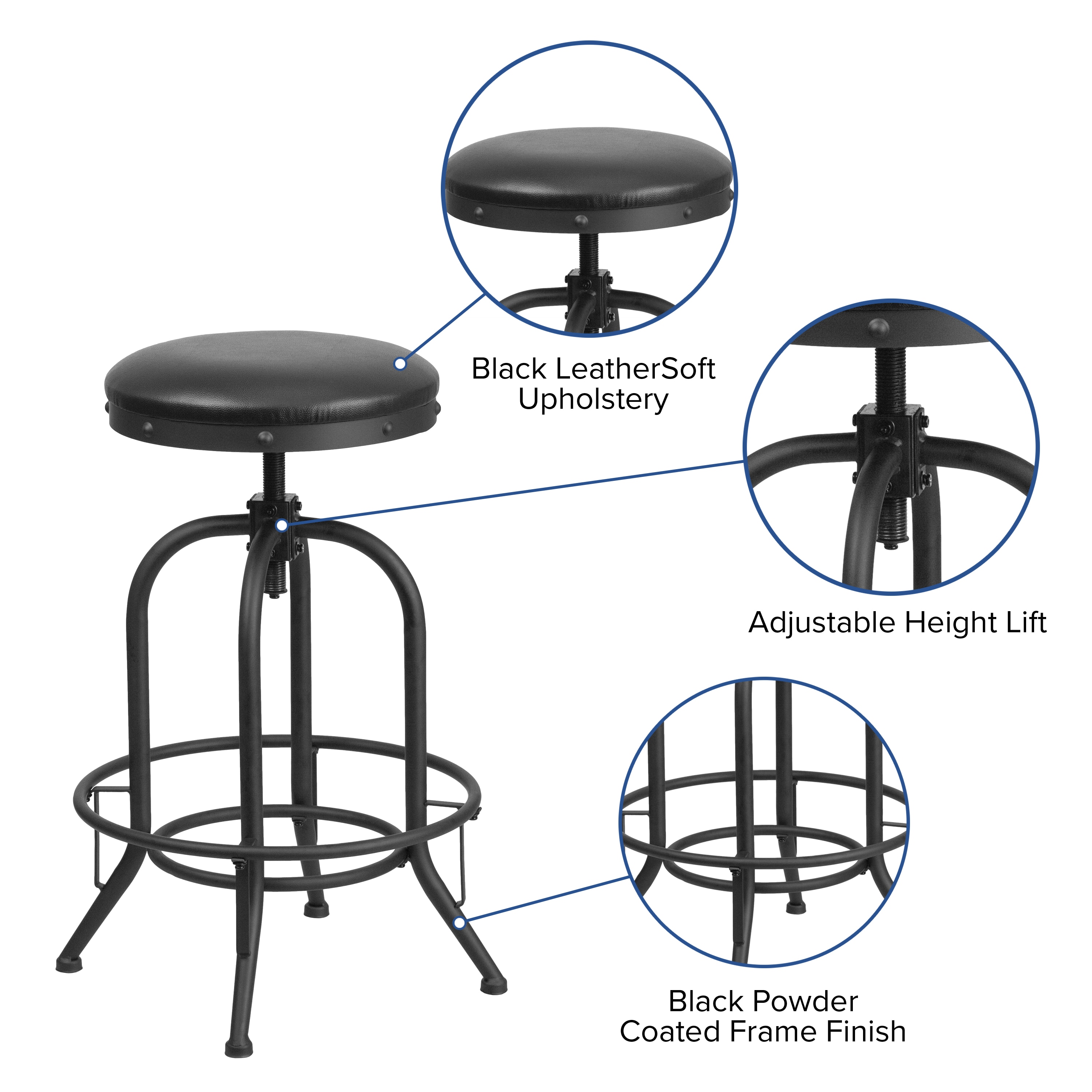 Adjustable Black Leather Swivel Backless Metal Barstool
