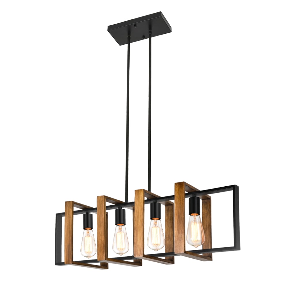 GoYeel ZP032WD04 4 -Light Black and Wood Farmhouse Linear Large Hanging Kitchen island light