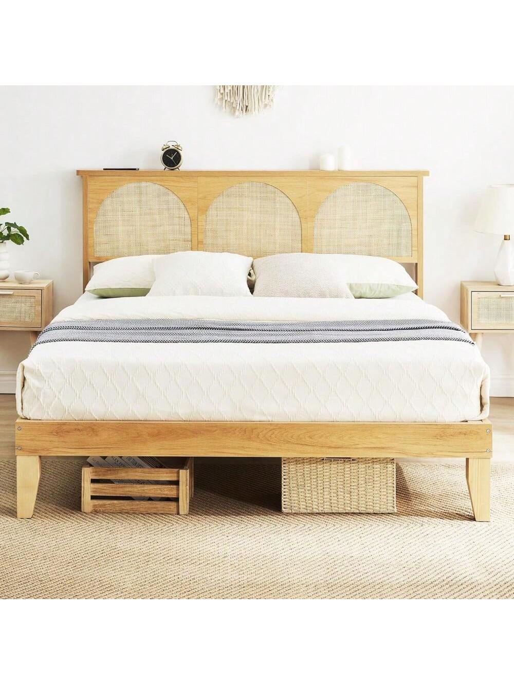 Qeetex PHO-0XTD09VL-HF4 Rattan Queen/Full Size Bed Frame With LED Light And Storage Headboard. No Box Spring Required. Easy Assembly. No Noise. Perfect For Home Decor