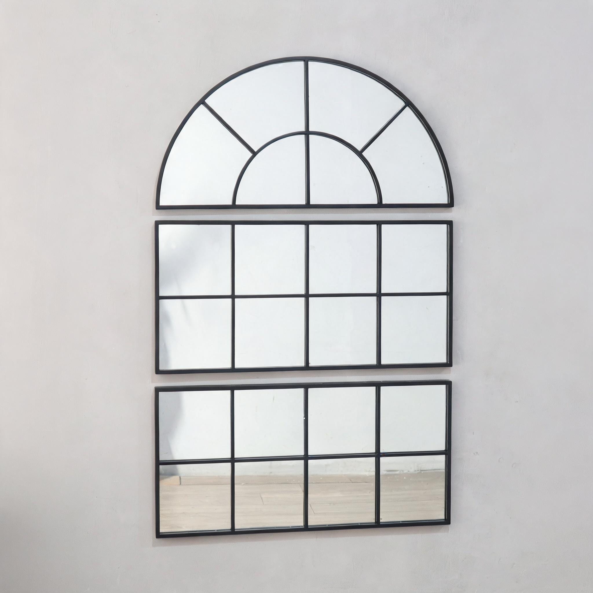 LIVACA 30 inch x 45 inch Black Iron Framed Arched Wall Mirror with Three Separate Sections