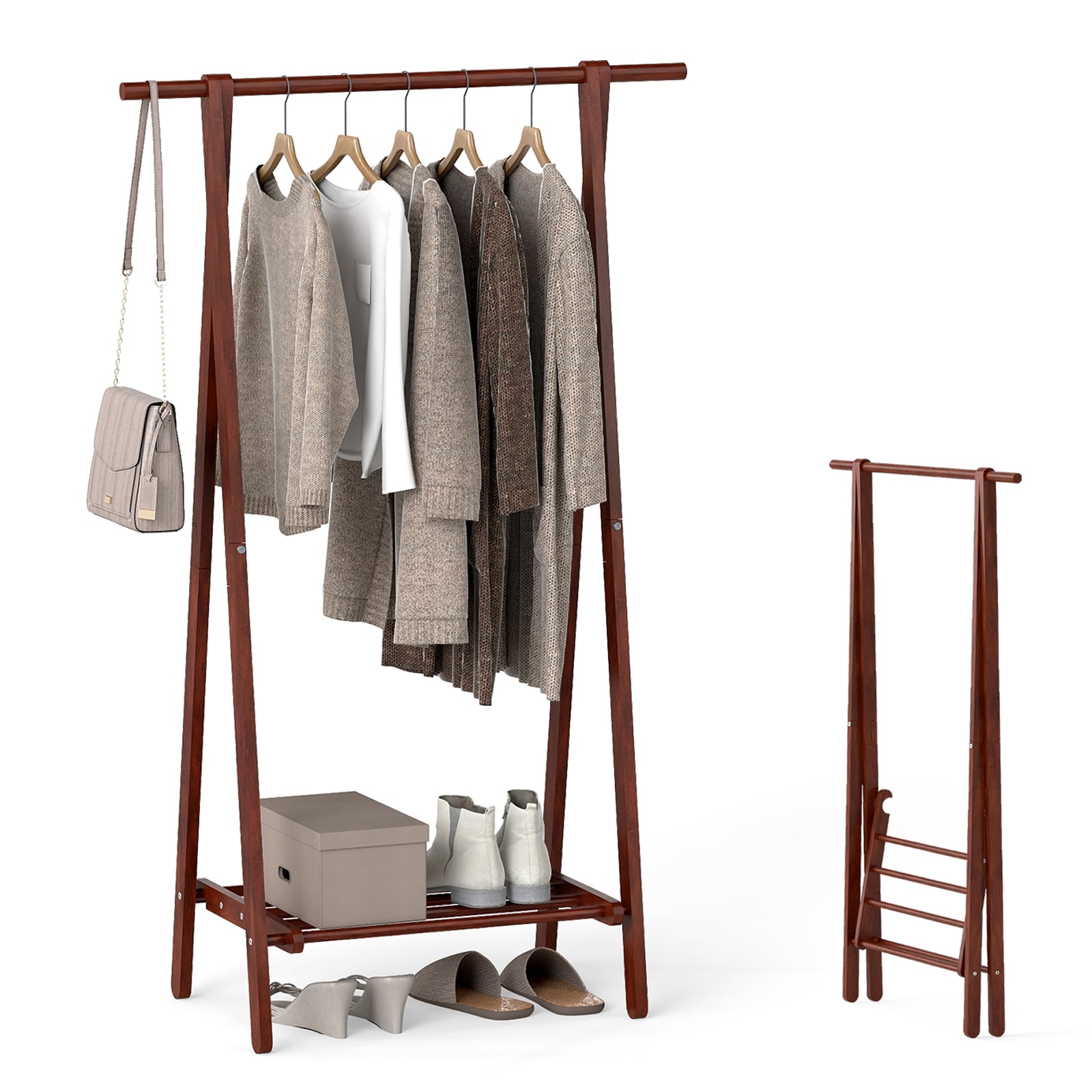 Volenca 33-in Wide Rubber Wood Folding Clothes Garment Rack with Bottom Storage Shelf 33 lb Walnut