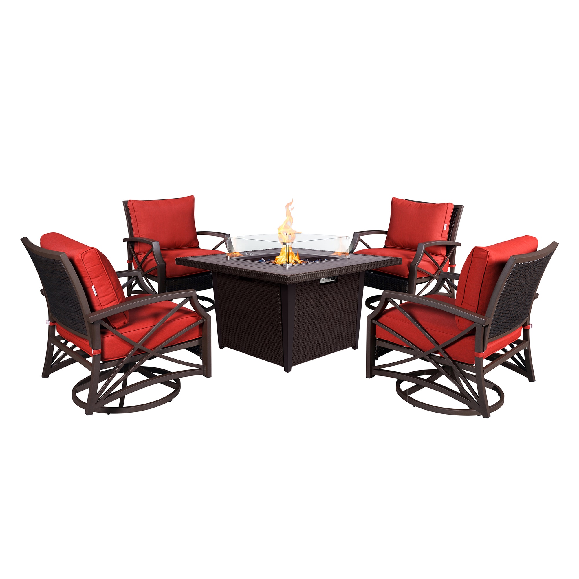 Kinger Home FP-004TBRN-SET-RED Ethan 5-Piece Rattan Patio Conversation Set with Red Cushions
