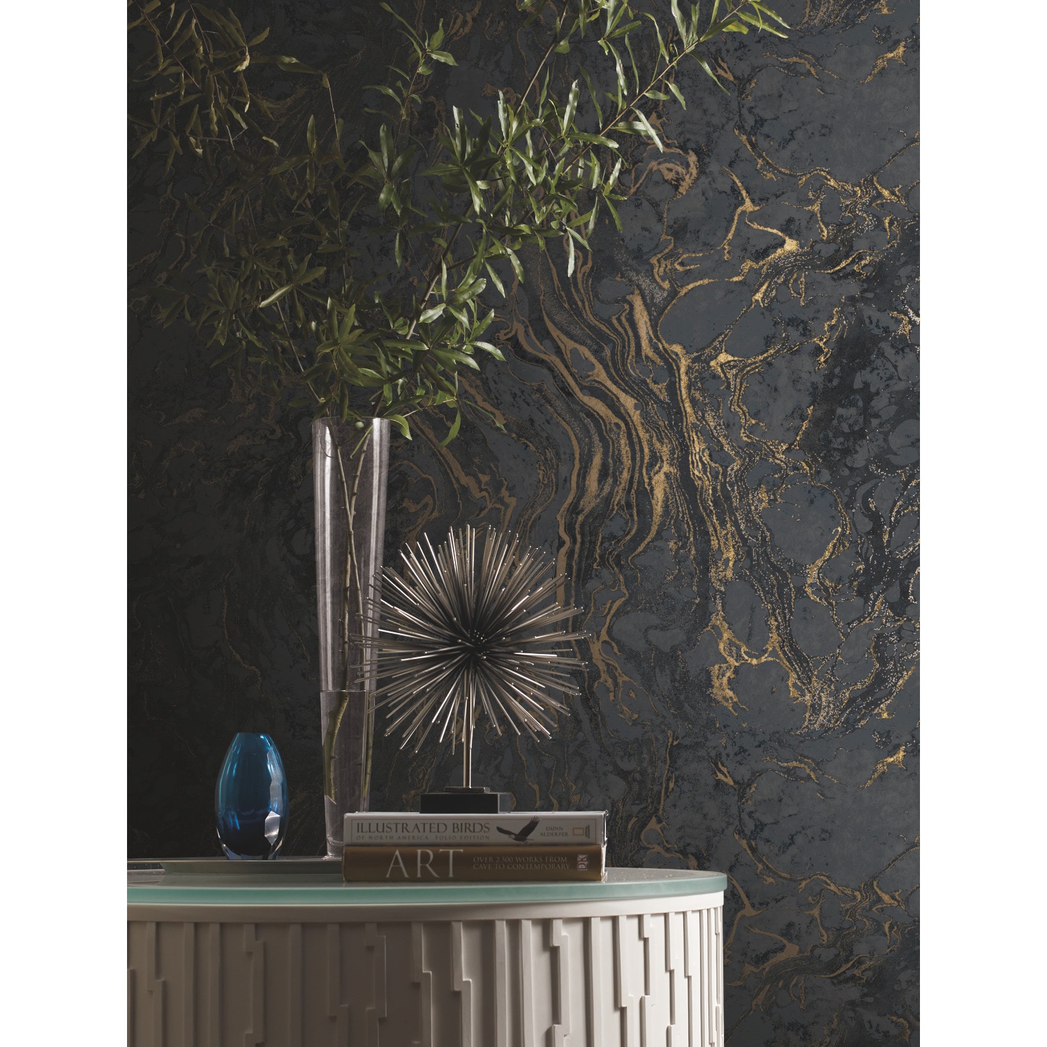 York Wallcoverings KT2224 Ronald Redding 24 Karat 60.8-Sq. Feet Black Non-woven Marble Unpasted Wallpaper