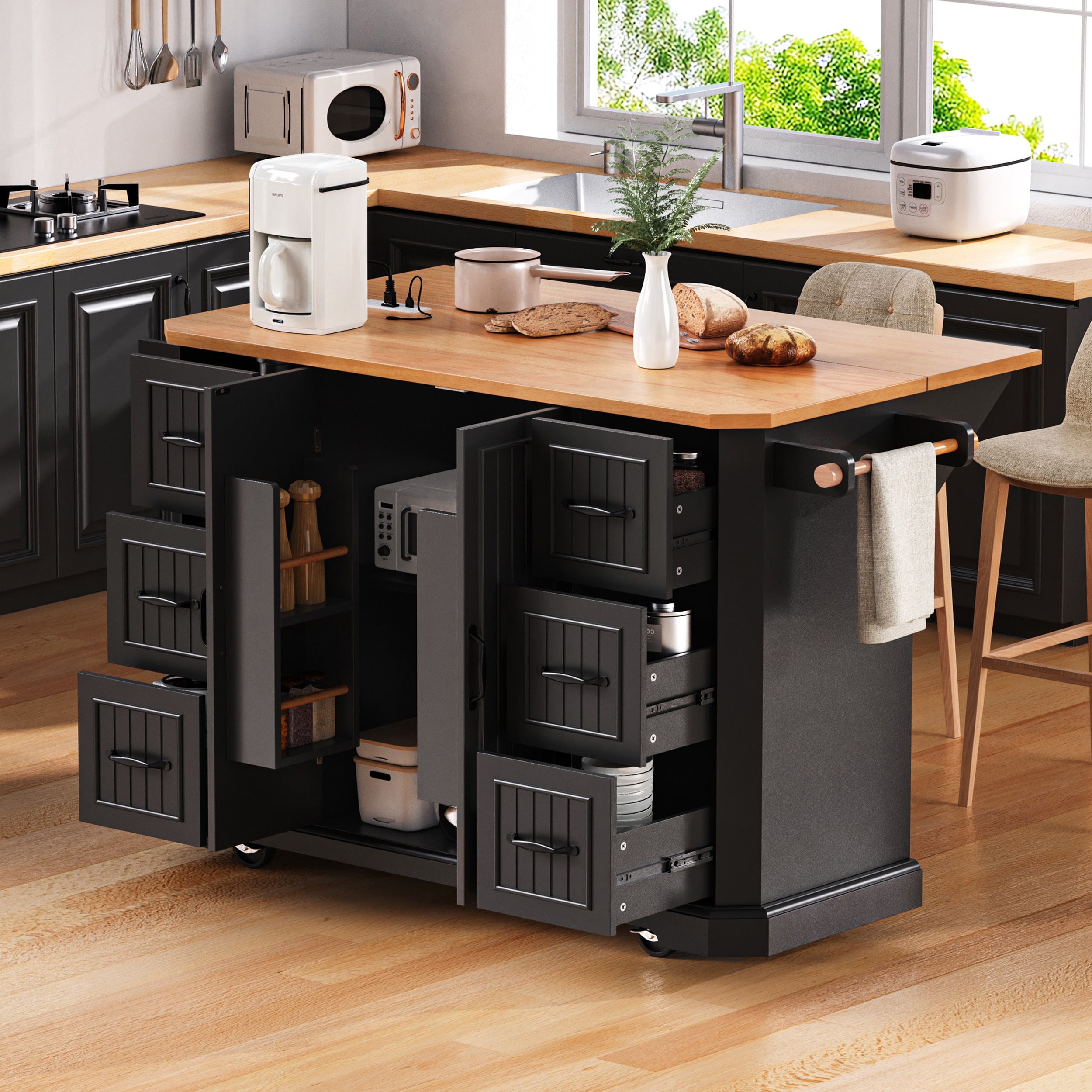 ModernLuxe N707P266184B 56 inch Kitchen Island with Rubber Wood Veneer Drop Leaf Power Outlet 4 Door Shelves Embossed Vertical Stripe Rolling Kitchen Cart on 4 Wheels with 6 Deep Drawers for Kitchen Dining RoomBlack