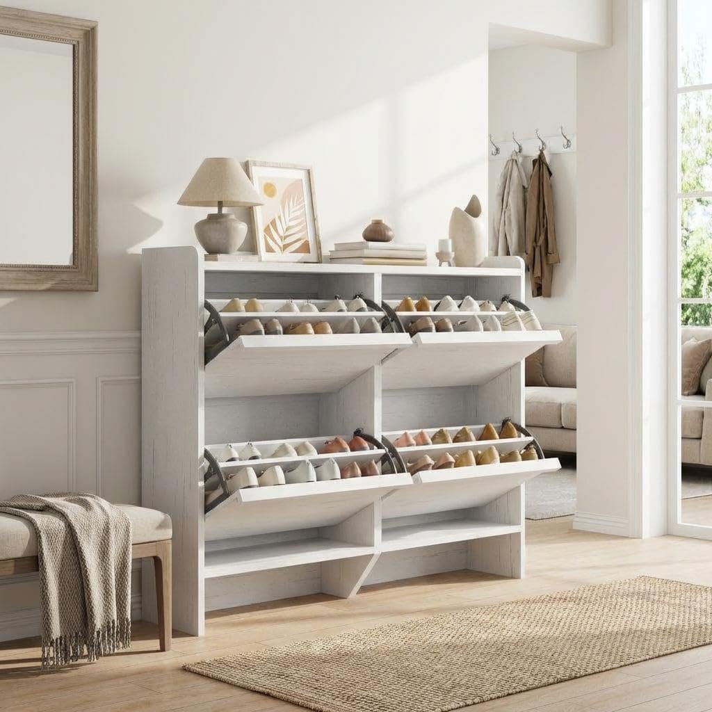 Garvee Shoe Cabinet with 4 Flip Drawers Narrow Cabinet with Adjustable and Removable Shelves Modern Wooden Shoe Organizer with Hidden Handle for Entryway Hallway Living Room Antique White