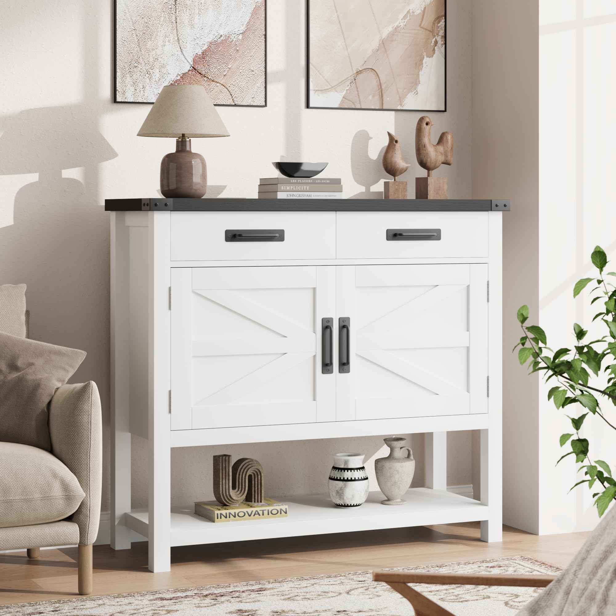 Garvee 36 Inch Farmhouse Wood Coffee Bar Cabinet Sofa / Console Table w/ 2-Door and 2 Drawers Sideboard for Kitchen