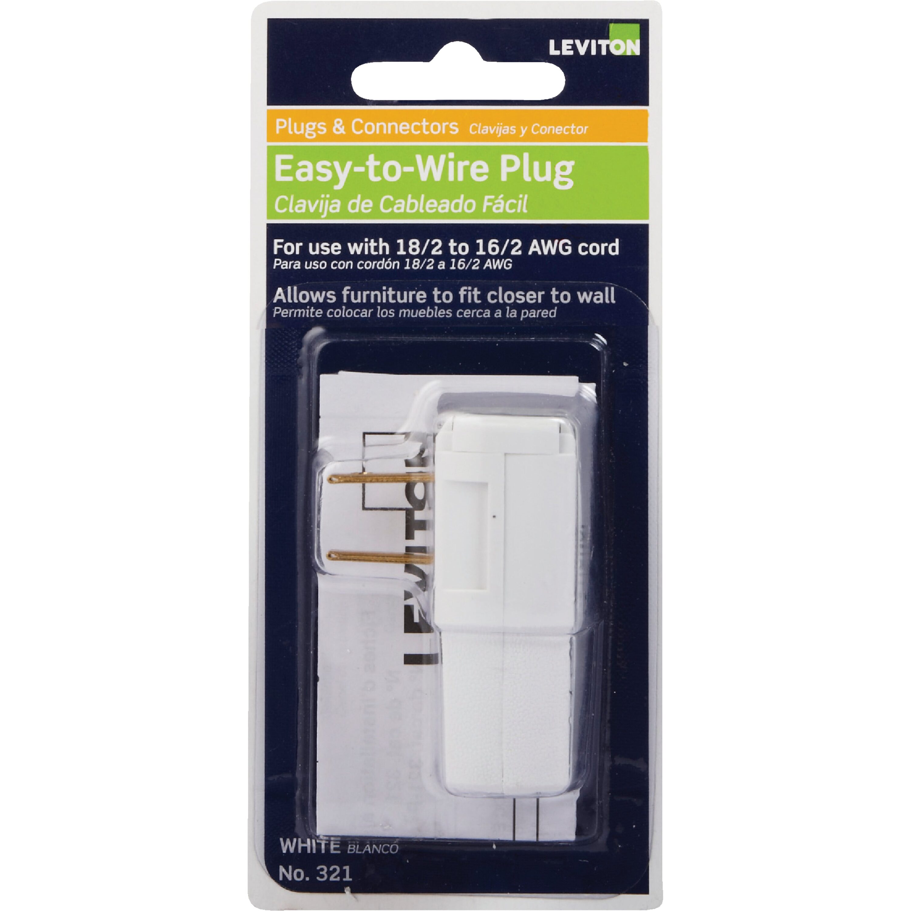 Leviton 15 Amp 125V Angled Wire Piercing Plug White Model C22321W #321-W