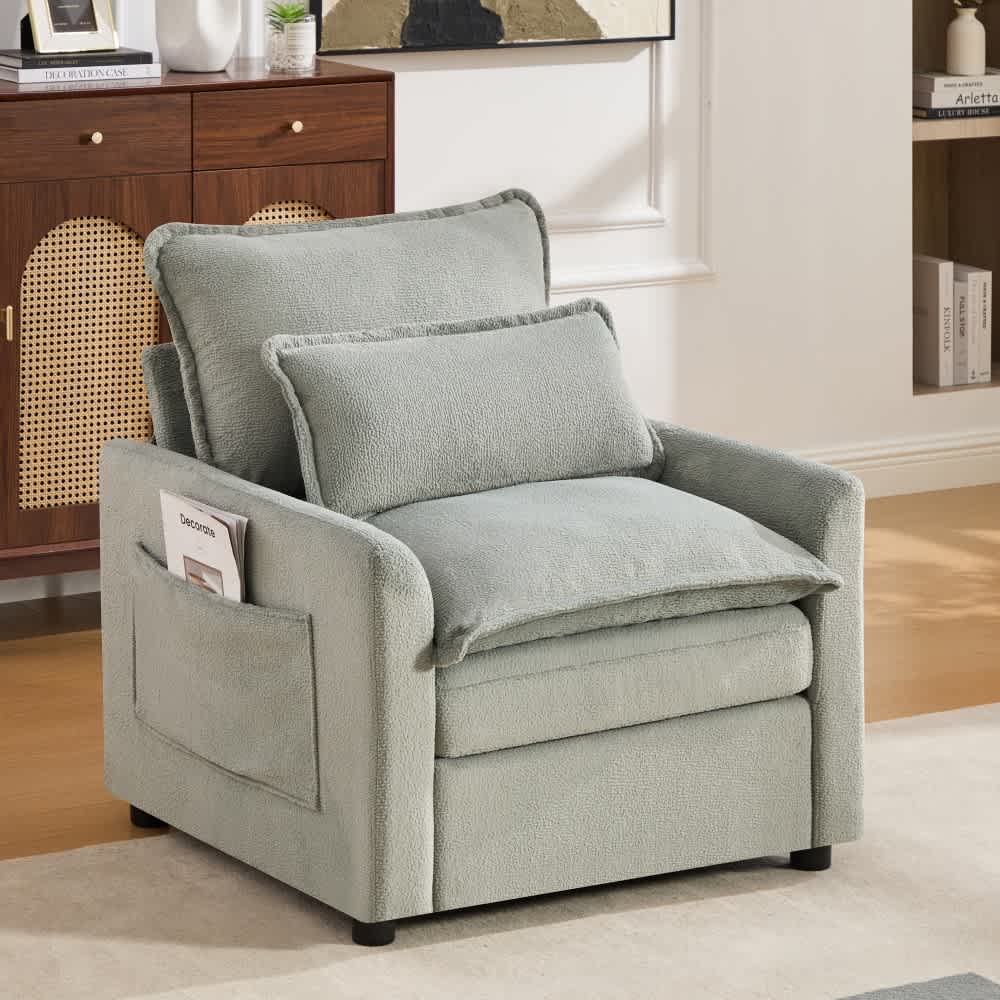 Coolbibila - 31.9-in Plush Green Faux Fur Accent Chair Double Layer Cushion Storage Pockets Moder...