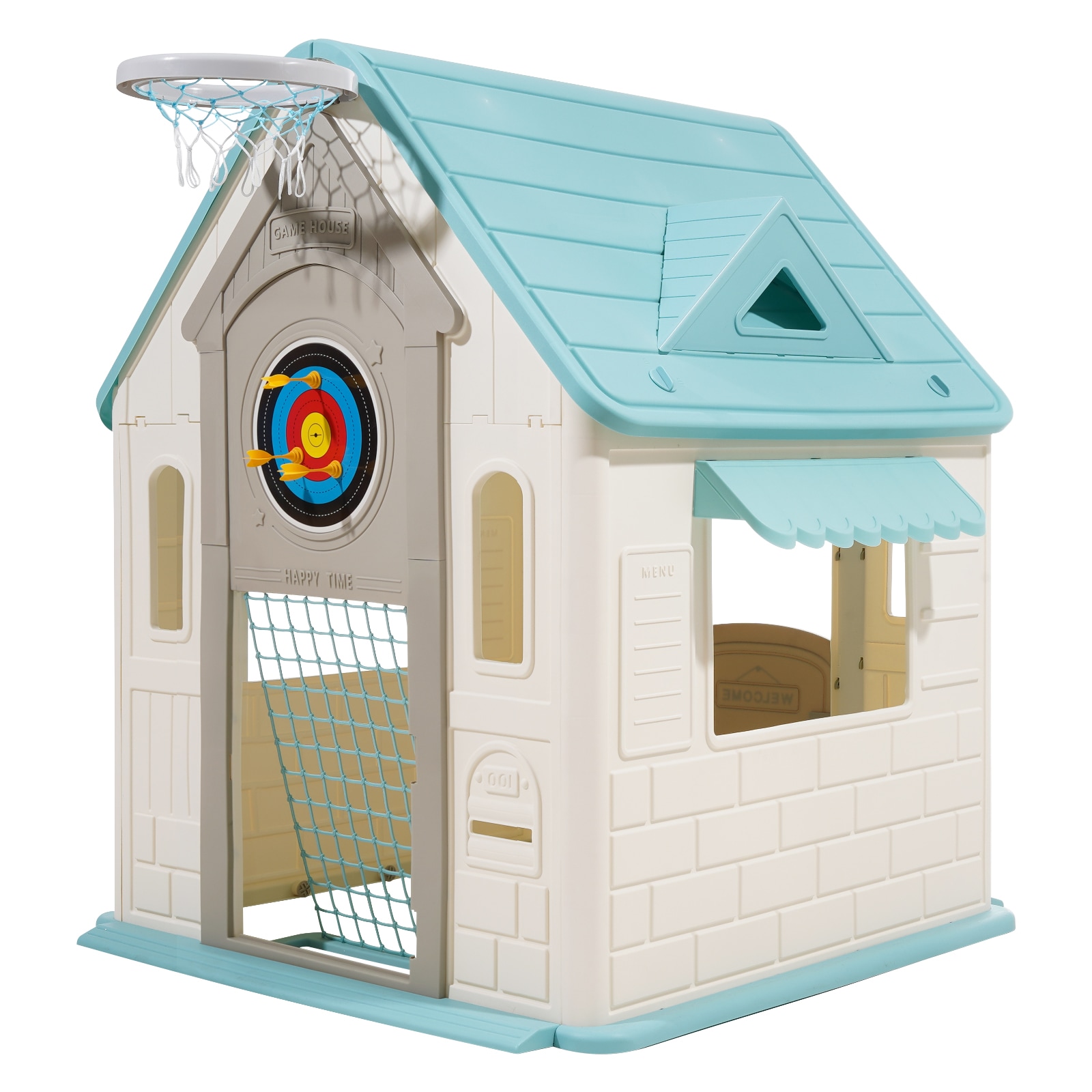 GIVIMO 5-in-1 Outdoor Indoor Playhouse Cottage Toddler Play House with Basketball Hoop Dartboard Soccer Goal Ring Toss and Window Door for Ages 2 Up