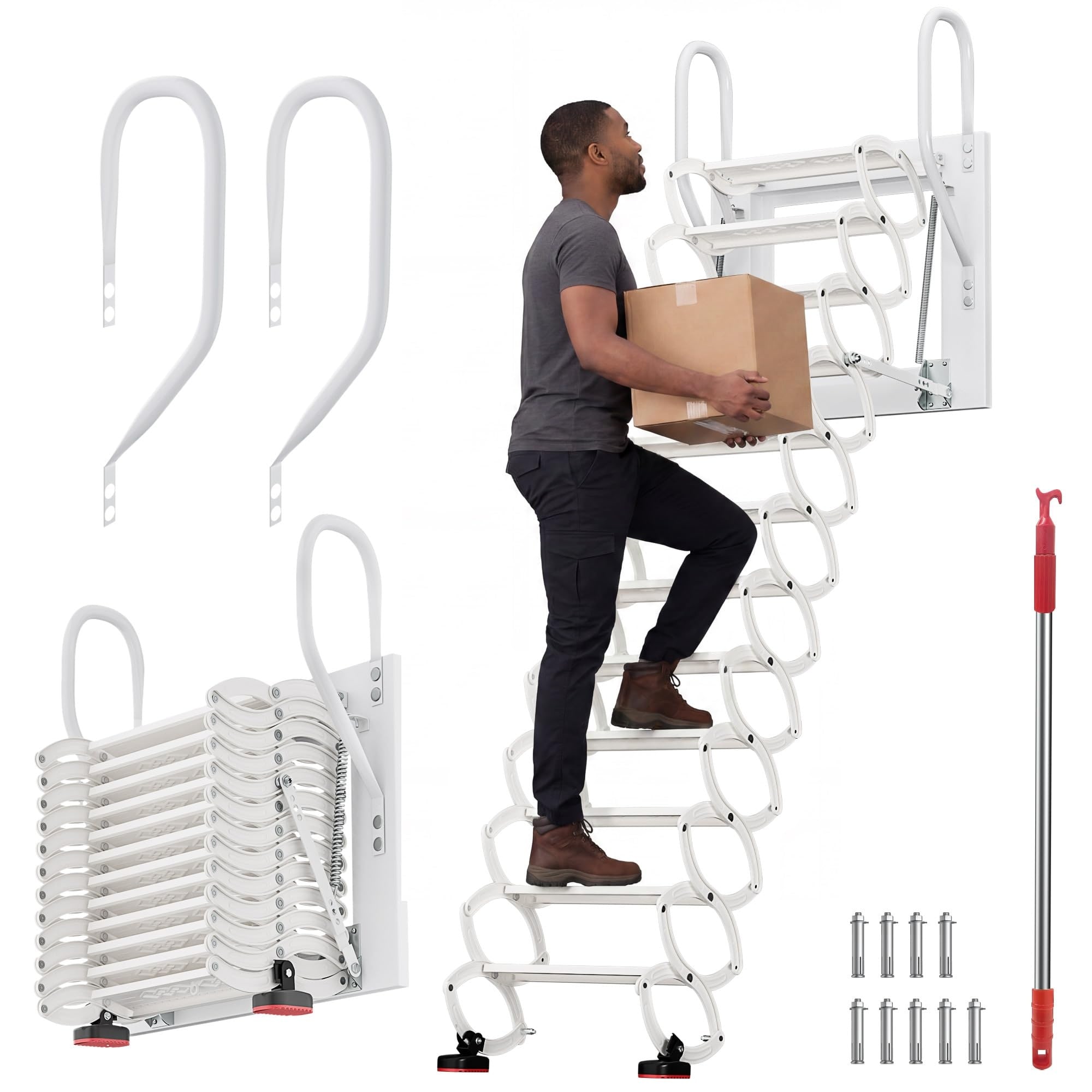 Wudkey Steel Wall Mounted Attic Ladder 12 Step 660 lb Capacity with Handrails
