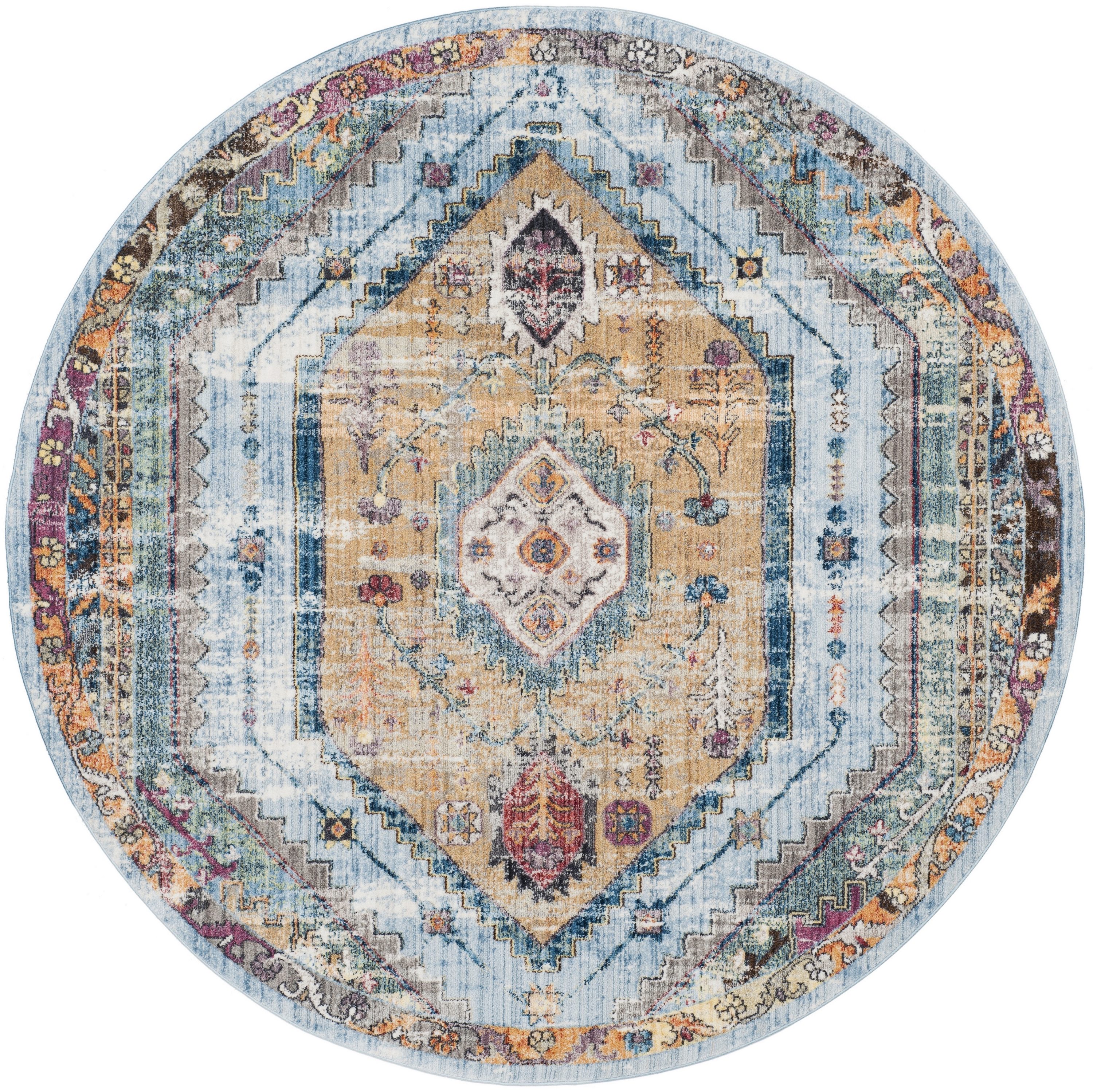 Safavieh BTL346C-7R Bristol Gershon 7 x 7 (ft) Loomed Polyester Blue/Camel Round Indoor Distressed/Overdyed Global Area rug